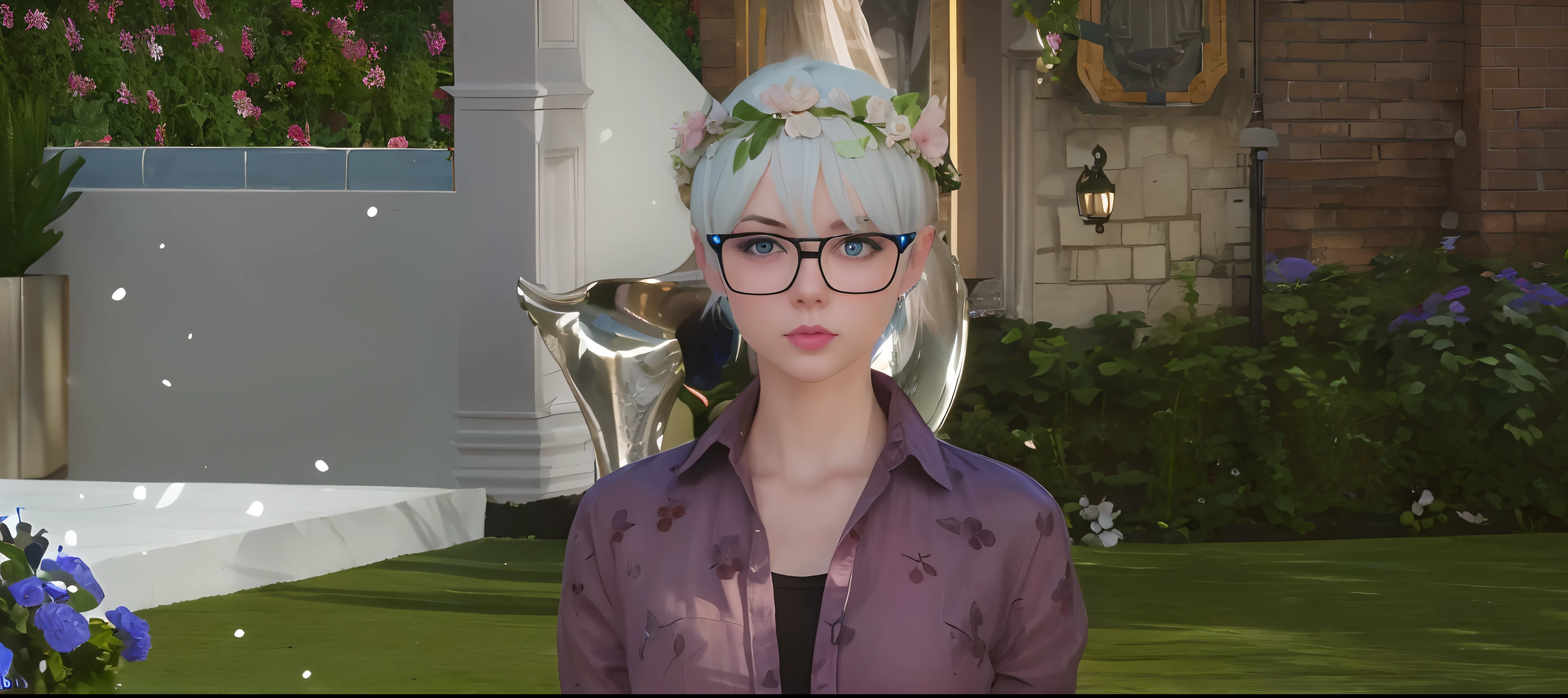 1girl, pink lips, white hair, blue eyes, short hair, glasses, a crown flower head, looking at viewer, realistic, young woman, garden, taylor swift face