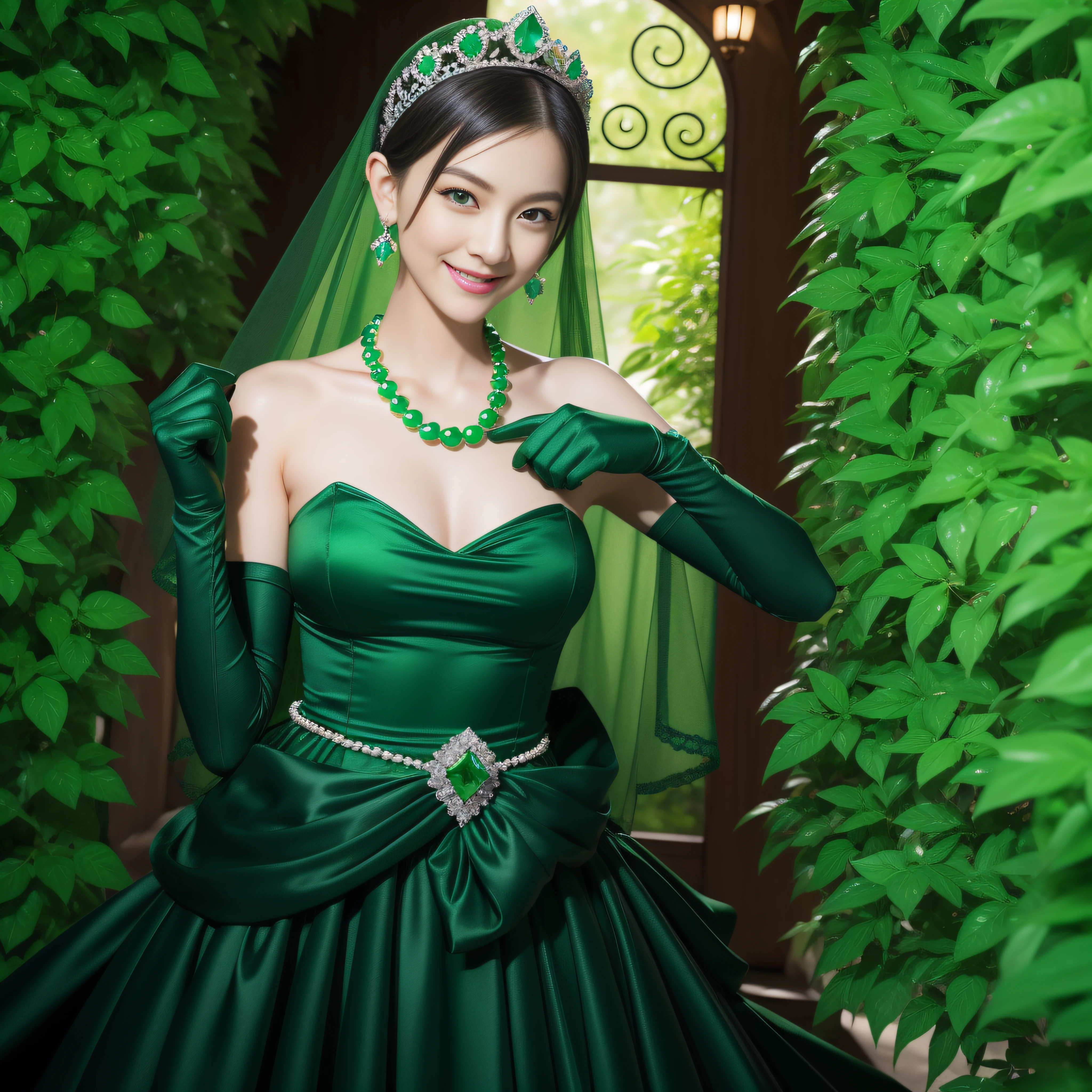 emerald tiara, Green Pearl Necklace, Boyish very short black hair, lipsticks, Japan woman smiling, very short short hair, fist, big breasts beautiful, Green eyes, Long green gloves made of satin material, Green eyes, Emerald Earrings