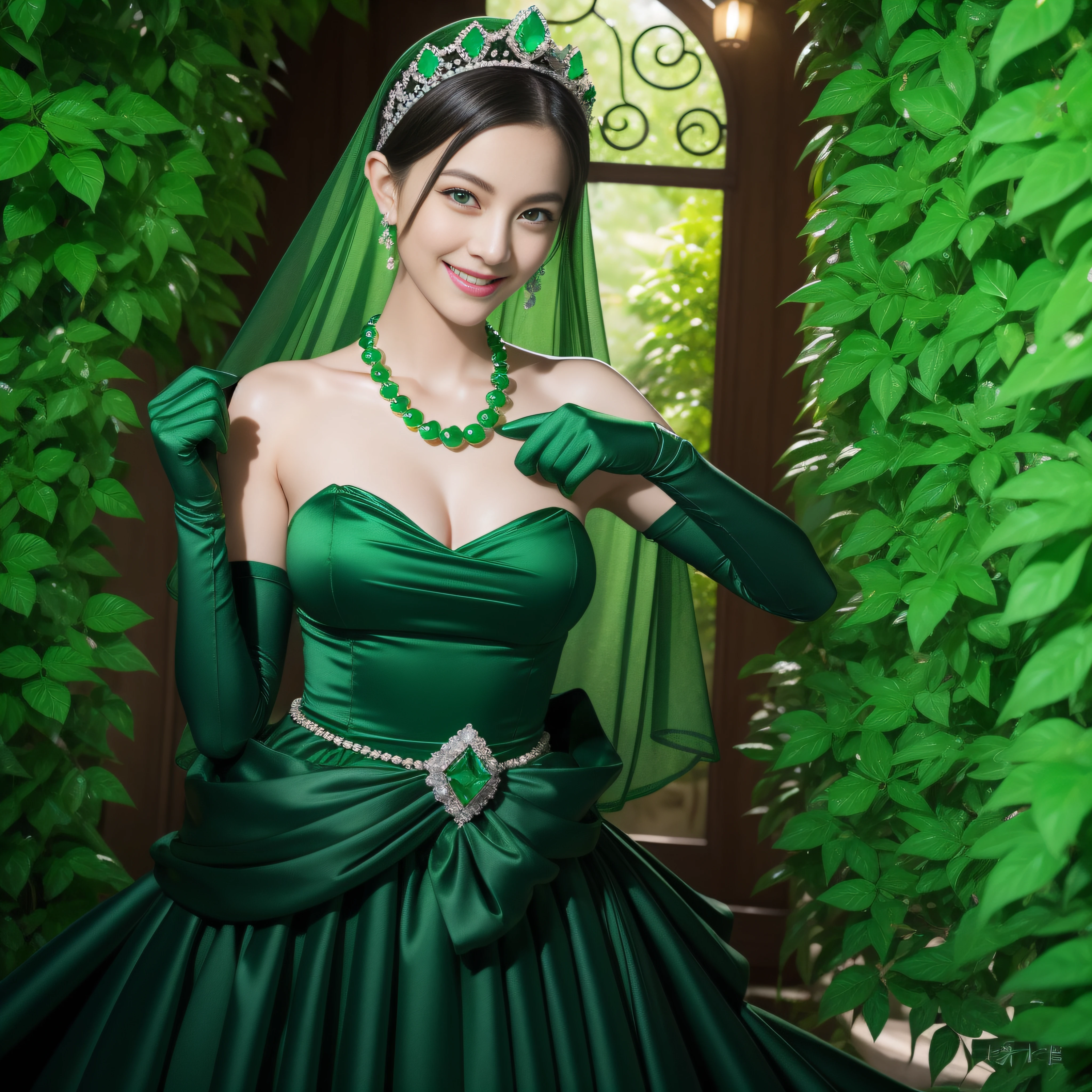 emerald tiara, Green Pearl Necklace, Boyish very short black hair, lipsticks, Japan woman smiling, very short short hair, fist, big breasts beautiful, Green eyes, Long green gloves made of satin material, Green eyes, Emerald Earrings
