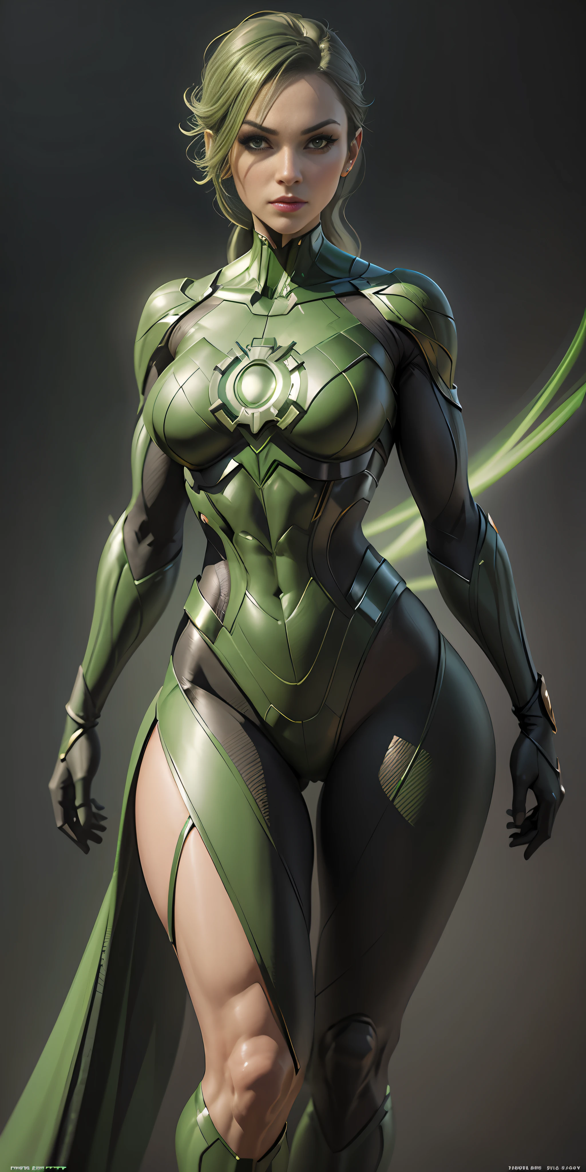 Girl Green Lantern from DC, big breasts, frontal, full-length, looking at the camera, facing the audience, standing pose, simple background, three-dimensional light, detailed full-body concept, sleek digital concept art, beautiful full-body concept art, art trend, CGsociety full-length,