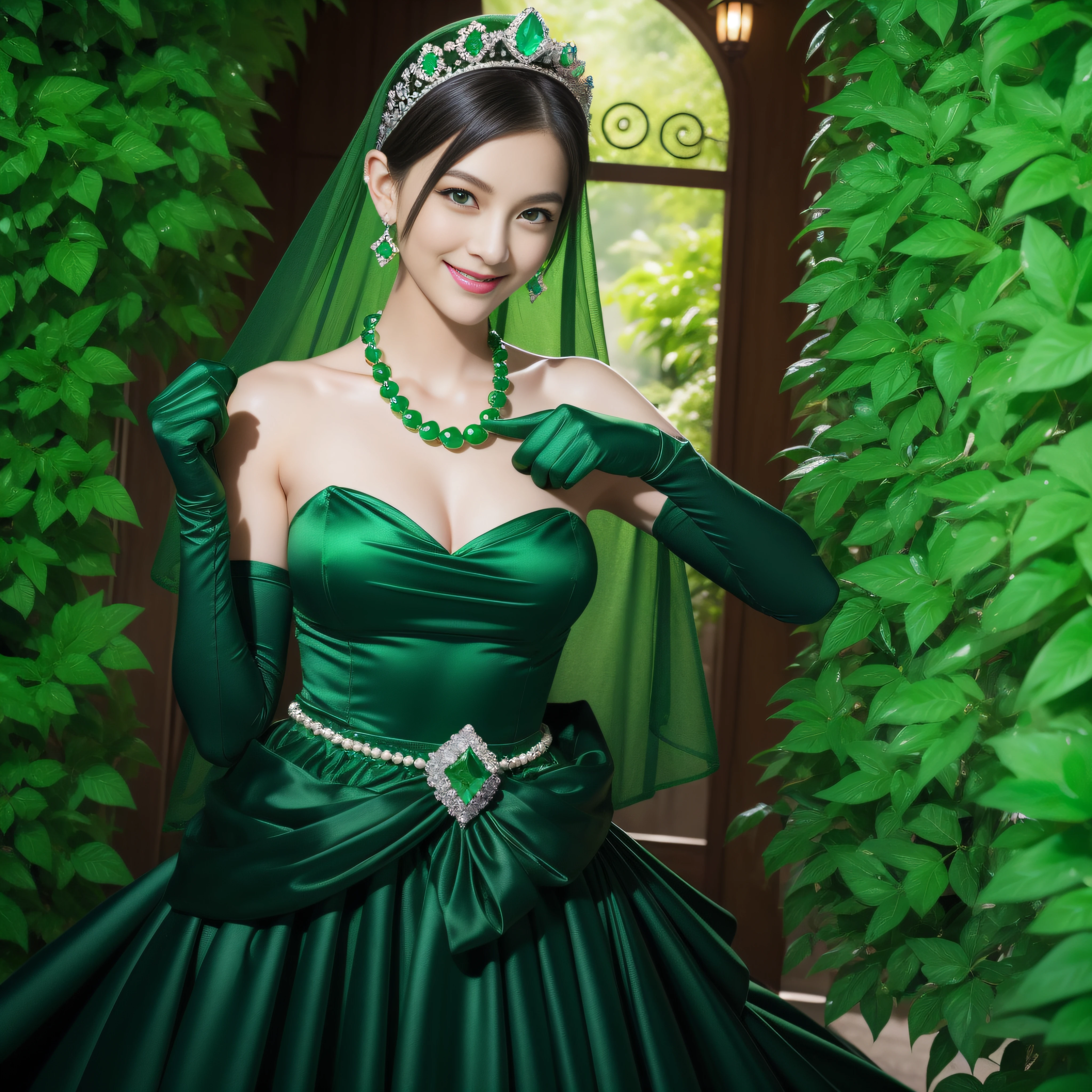 emerald tiara, Green Pearl Necklace, Boyish very short black hair, lipsticks, Japan woman smiling, very short short hair, fist, big breasts beautiful, Green eyes, Long green gloves made of satin material, Green eyes, Emerald Earrings