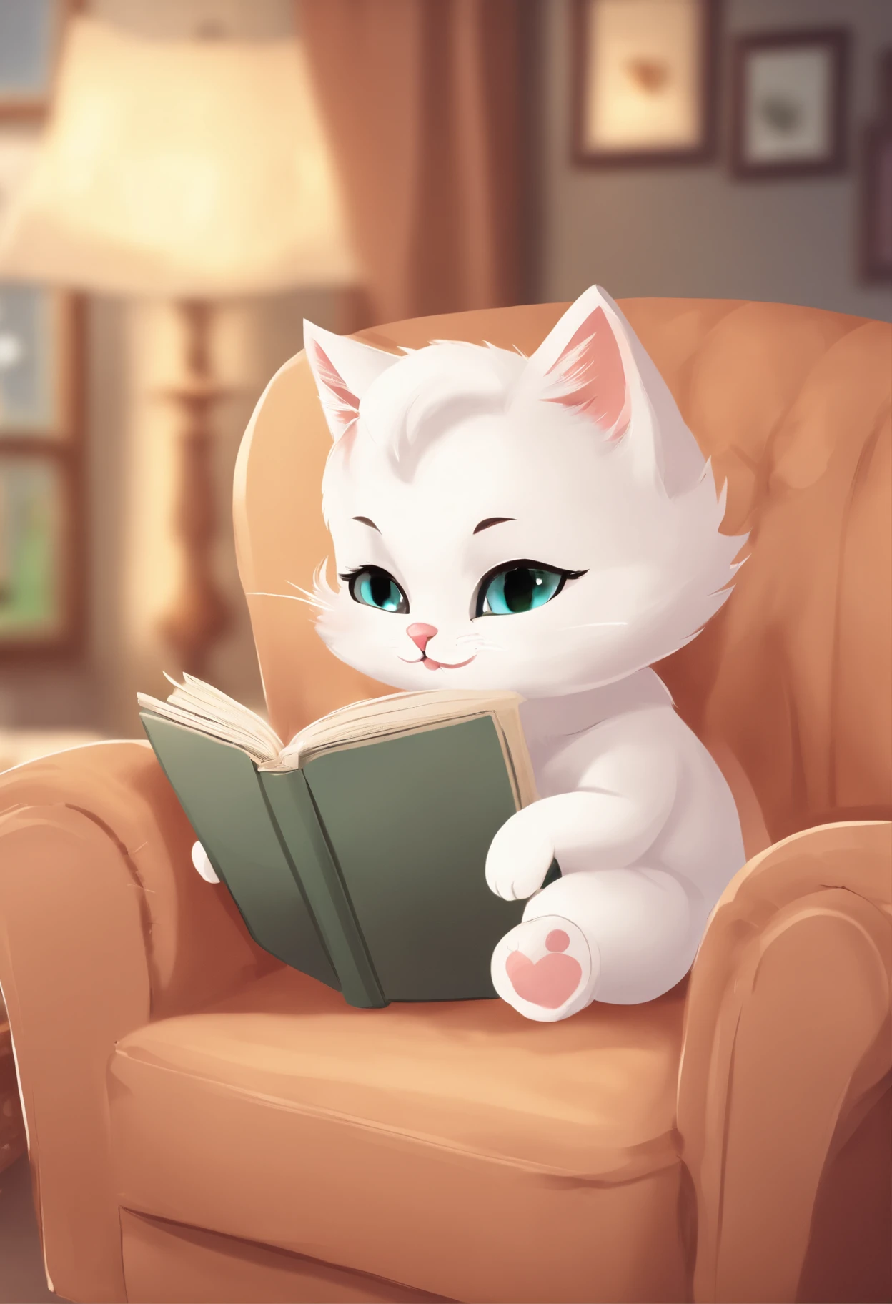 there is a cat on it, a cute little cat, The cutest kitten in history, Very beautiful and cute girl cat, Lewd and excited white cat, a cute little cat, Intelligent cat, an anthro cat, funny cat, cute kittens, And a sad cat. They read books on the couch、Sitting on a chair. They are relaxing after a hard day. They are wearing pajamas.