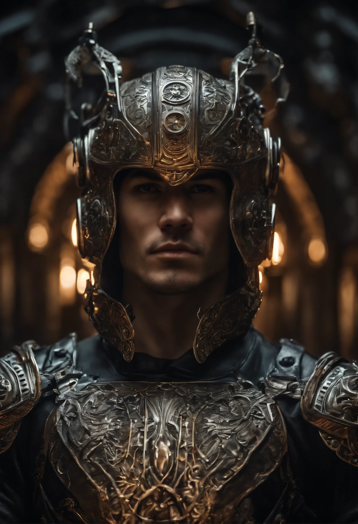 maximum quality, Dramatic lighting, menacing pose, fierce expression, epic atmosphere, (((man head shaped helmet))), (((full body shot))),a man made out of metal, cyborg, cyberpunk style, clockwork, ((intricate details)), HDR, ((intricate details, hyper detailed)), incandescent lamps, cinematic shot, vignette, bokeh effect background, (canines), (full body shot)., poster, cinematic, typography, 3d render, photo
