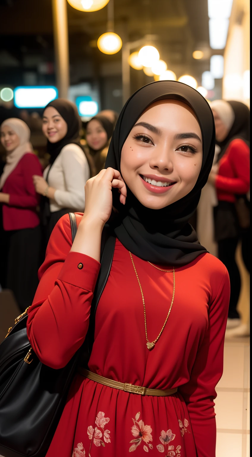 Malay girl in hijab, wear small floral red color backess dress , laughing and posing with both hand on top of her head, touching her own head, wear backpack, front view, hijab blown, windy, detail skin, age spot, detail skin texture, mole below eyes, small breast, flat chest, wide hips, small waists, thick thighs, slim abs, beautiful body, nighttime, laughing, happy, bright lighting, college student in background, crowded cafe, blur background, bokeh,