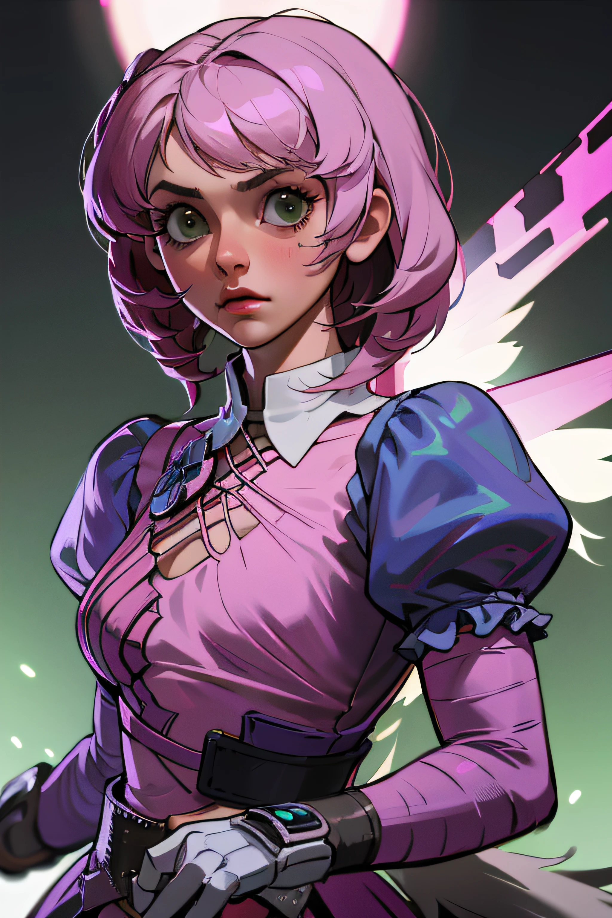 Alisa bosconovitch, melhor qualidade, olhos verdes, cabelo Rosa, cabelo curto, cabelos multicoloridos, camisa preta, mechanical wings, middlebreasts, tekken