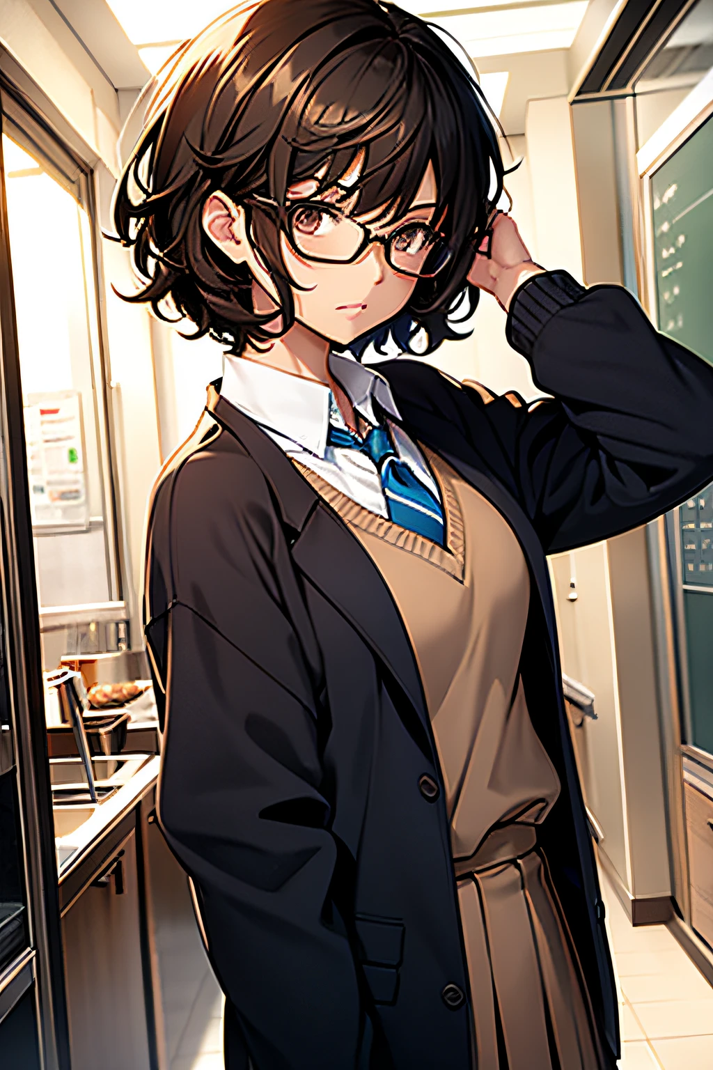Black Short Curly Hair, Blue Glasses, Brown Eyes, Brown School uniform, Solo