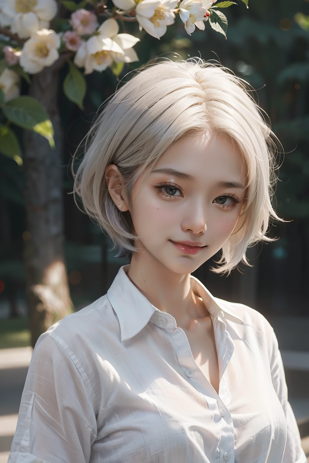 (masterpiece), (best quality), 8k resolution, 1girl, Asian girl, stunning beauty, perfect face, perfect body, mature female, 20yo, sexy, linen shirt, opened shirt, cinematic light, white hair, bobcut hair, smile