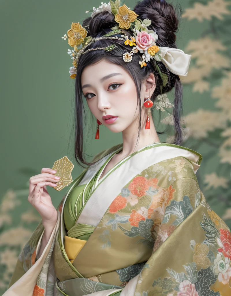 (beautiful model as courtesan in Japanese epic drama:1.3, Date Hyogo hairstyle:1.6, Oiran-style:1.4), (solo), ((face is 80% beauty and elegance, 20% pretty and cute):1.5), (Her roots are in Eastern Europe and Asia), clear eyes, (detailed eyes, light green eyes, bright pupils), Double Eyelids, (sexy lips with a little thickness:1.2), super detailed and incredibly high resolution Oiran-style Kimono, Highly Detailed Face Texture, striking body shape, curvy and very attractive woman, The colors of Oiran-style kimonos are very colorful, original, and gorgeous, high-resolution RAW color photo pro photo, BREAK (Wearing a colorful Oiran-style kimono with plenty of bright matcha green color), (The main color is gentle white, the bright matcha green stands out), (elaborately made classical Japanese colorful Oiran-style kimono), ((The pattern is a marble pattern of bright matcha green, dark matcha green, and white mixed together, like matcha ole)), (black Oiran-style obi that matches this Oiran-style kimono), ((bright matcha green and dark matcha Green and white marble pattern Oiran-style kimono)), (background is a Japanese parlor | Otyashitu) BREAK ((best quality, 8k)), sharp focus:1.2, (layer cut, big:1.2), (perfect portrait:1.4 ), (Beautiful shape and big breasts:1.3), Thin waist, (Correct hand shape:1.5), (Full body shot | Cowboy shot | Back view)