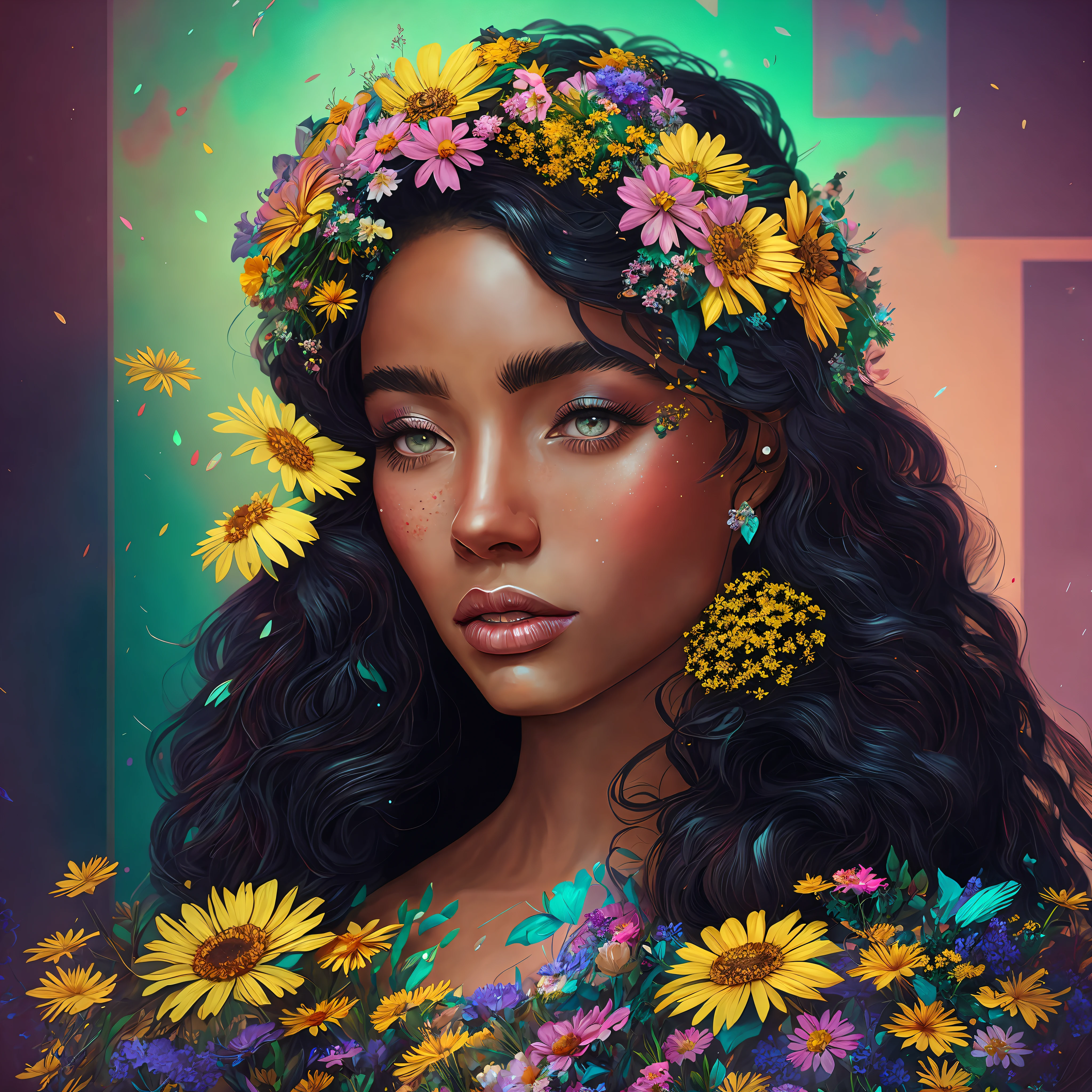 there is a woman with a flower crown on her head, beautiful digital illustration, stunning digital illustration, flower storm portrait, beautiful digital artwork, detailed beauty portrait, beautiful art uhd 4 k, in style of digital illustration, vibrant digital painting, beautiful digital painting, digital fantasy portrait, beautiful fantasy portrait, aesthetic portrait, flower goddess, gorgeous digital painting, jen bartel