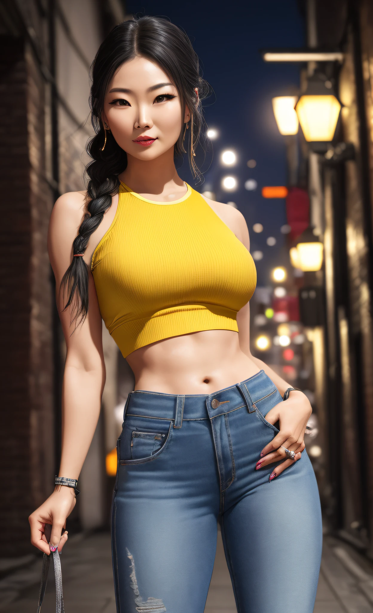 highly detailed japanese woman wearing yellow crop top, wearing jeans, dark alley , night, street light, makeup,
closeup, sharp focus, beautiful esd_woman,perfect esd_face, perfect esd_body,
realistic, hyper realistic, sweat, shinny skin,
stripes, belts , award winning photo, extremely detailed, amazing, fine detail, detailed eyes and face, large breasts, fitness, braided dark platinum hair, wrist watch,