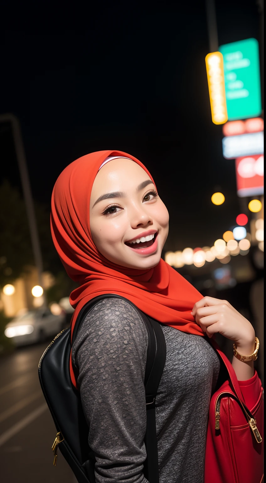 Malay girl in hijab, wear small floral red color backess dress , laughing and posing with both hand on top of her head, touching her own head, wear backpack, front view, hijab blown, windy, detail skin, age spot, detail skin texture, mole below eyes, small breast, flat chest, wide hips, small waists, thick thighs, slim abs, beautiful body, nighttime, laughing, happy, bright lighting, college student in background, crowded cafe, blur background, bokeh,