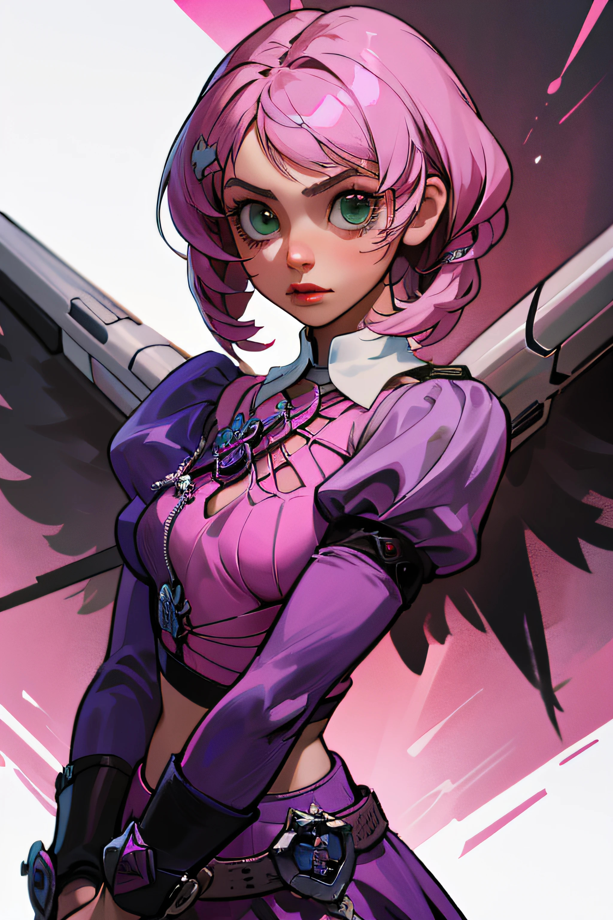 Alisa bosconovitch, melhor qualidade, olhos verdes, cabelo Rosa, cabelo curto, cabelos multicoloridos, camisa preta, mechanical wings, middlebreasts, tekken