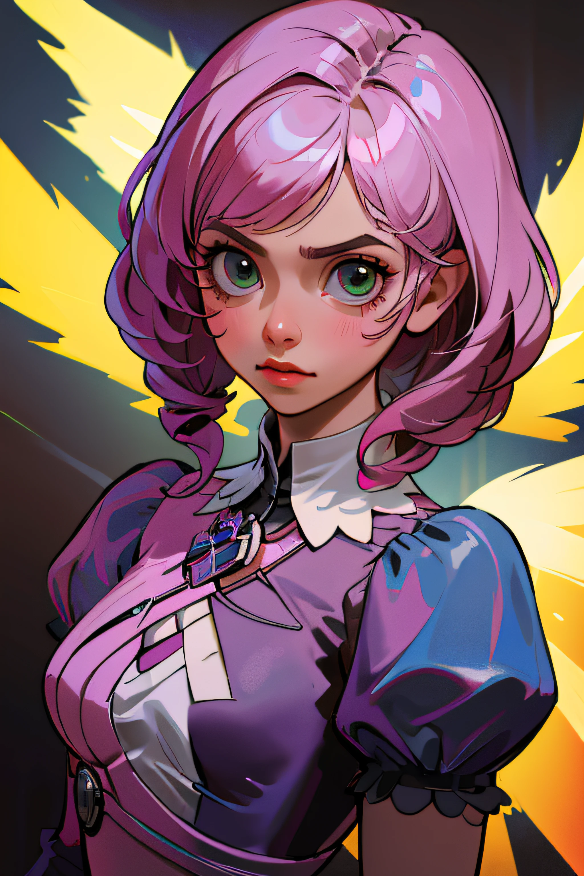 Alisa bosconovitch, melhor qualidade, olhos verdes, cabelo Rosa, cabelo curto, cabelos multicoloridos, camisa preta, mechanical wings, middlebreasts, tekken