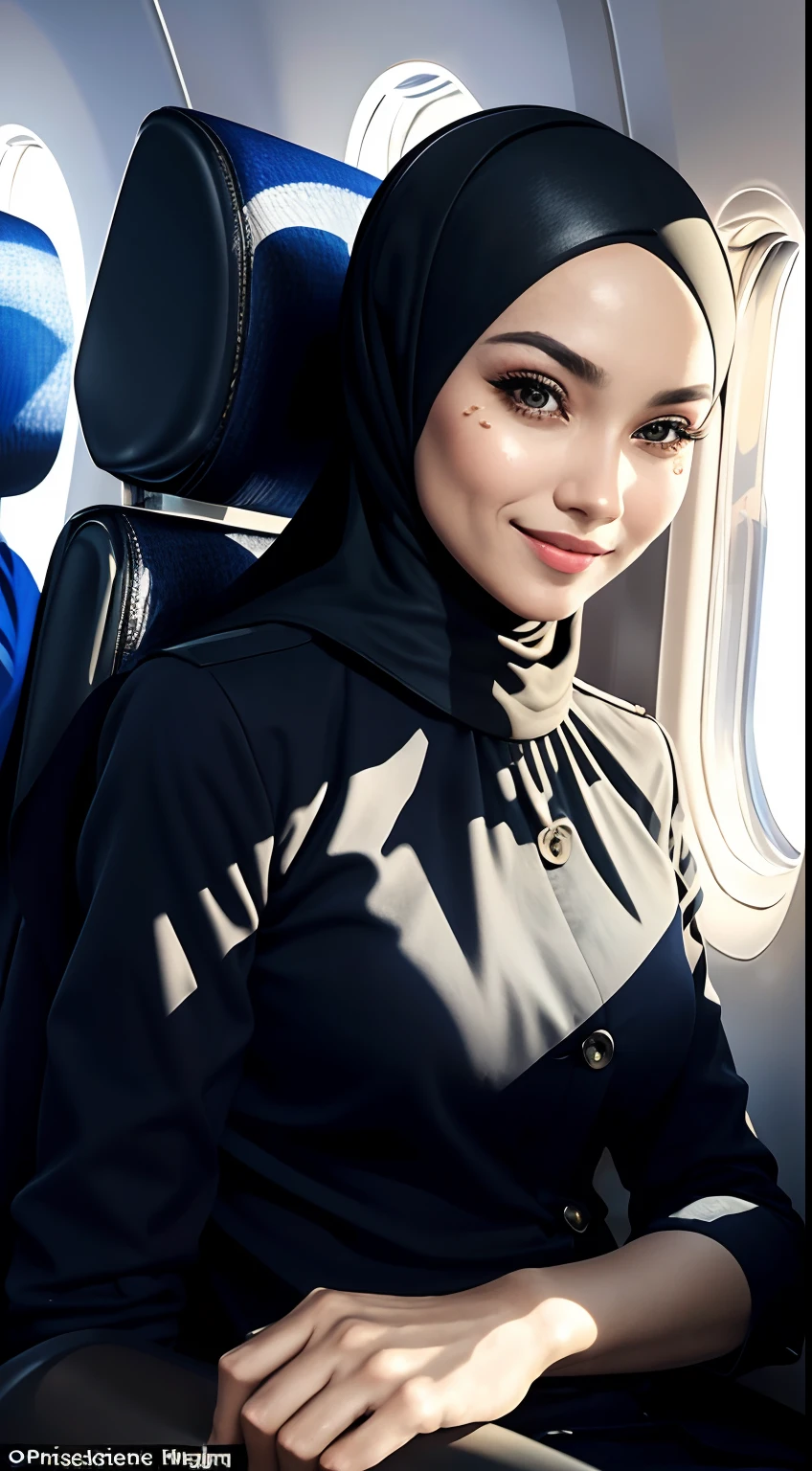 (masterpiece:1.2, best quality), 1 malay women in hijab, solo, Flight attendant, Uniform, Airplane, Serving passengers, Providing safety instructions, Responding to emergencies, bangs, (shiny skin:1.15),