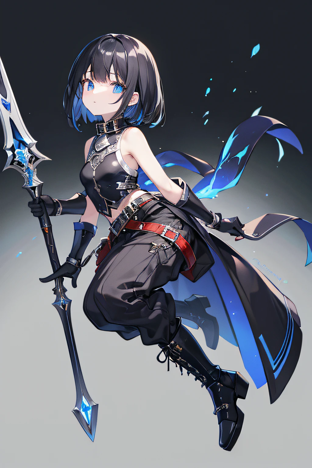 Fantasy, female, 1 dwarf girl, fighter, black hair, sltyle hair: bob hair, eyes blue, white skin, (facial expressions: expressionless face), (body short height), (small breasts), top part a sleeveless black shirt with a high collar fitted to the body, clothes: long leather gloves, large pants with belts, armor silver parts on the side of their causes secured by belts, boots armor, color armor parts: silver, weapon long warhammer.