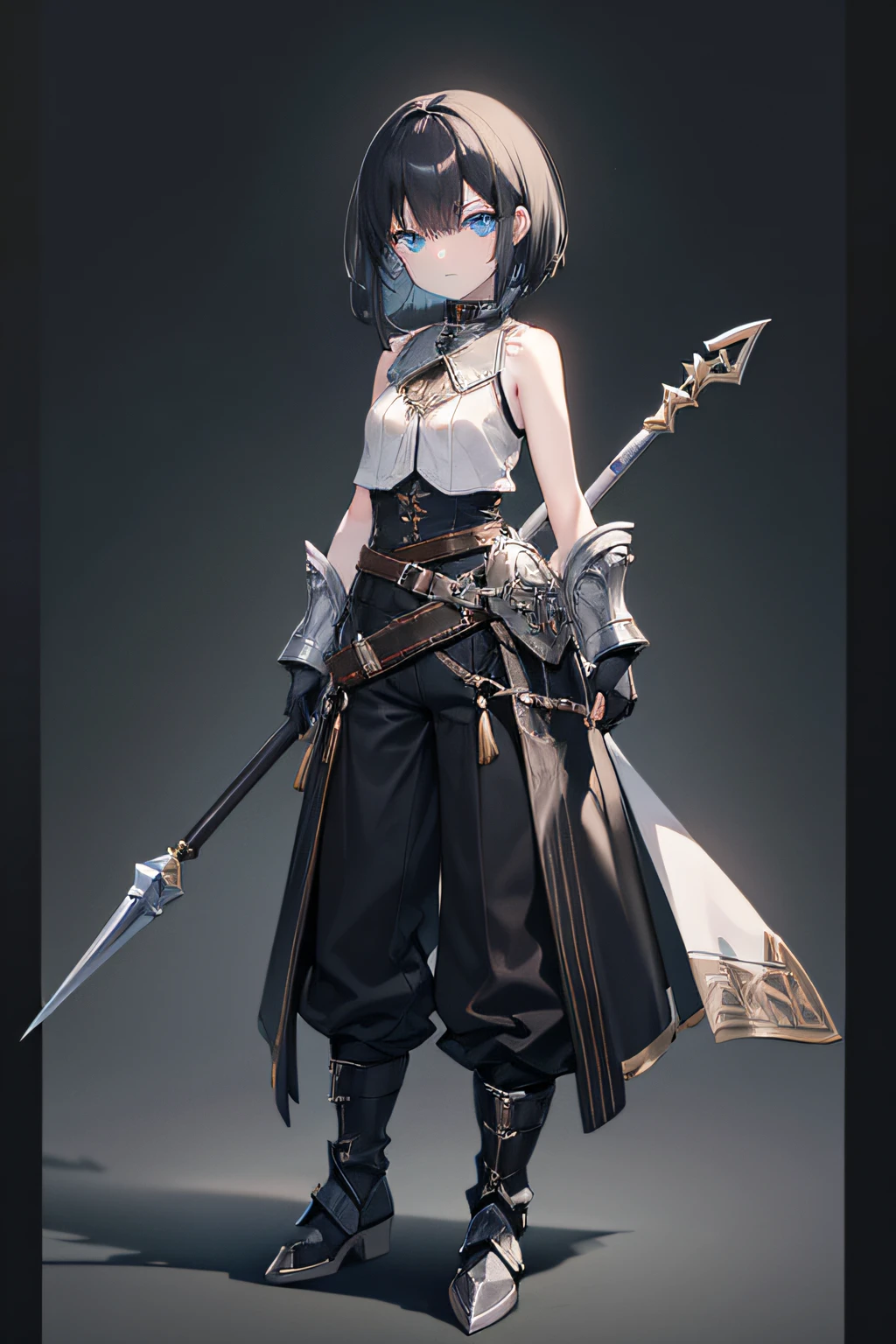 Fantasy, female, 1 dwarf girl, fighter, black hair, sltyle hair: bob hair, eyes blue, white skin, (facial expressions: expressionless face), (body short height), (small breasts), top part a sleeveless black shirt with a high collar fitted to the body, clothes: long leather gloves, large pants with belts, armor silver parts on the side of their causes secured by belts, boots armor, color armor parts: silver, weapon long warhammer.