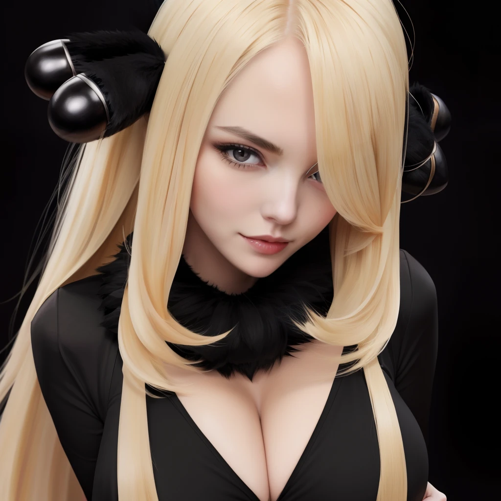 (masterpiece), (best quality)
BREAK cynthia \(pokemon\), fur collar, black coat, fur-trimmed coat, black shirt, black pants, looking at viewer, blonde, close up shot, colorful background, gigantic breasts, shy