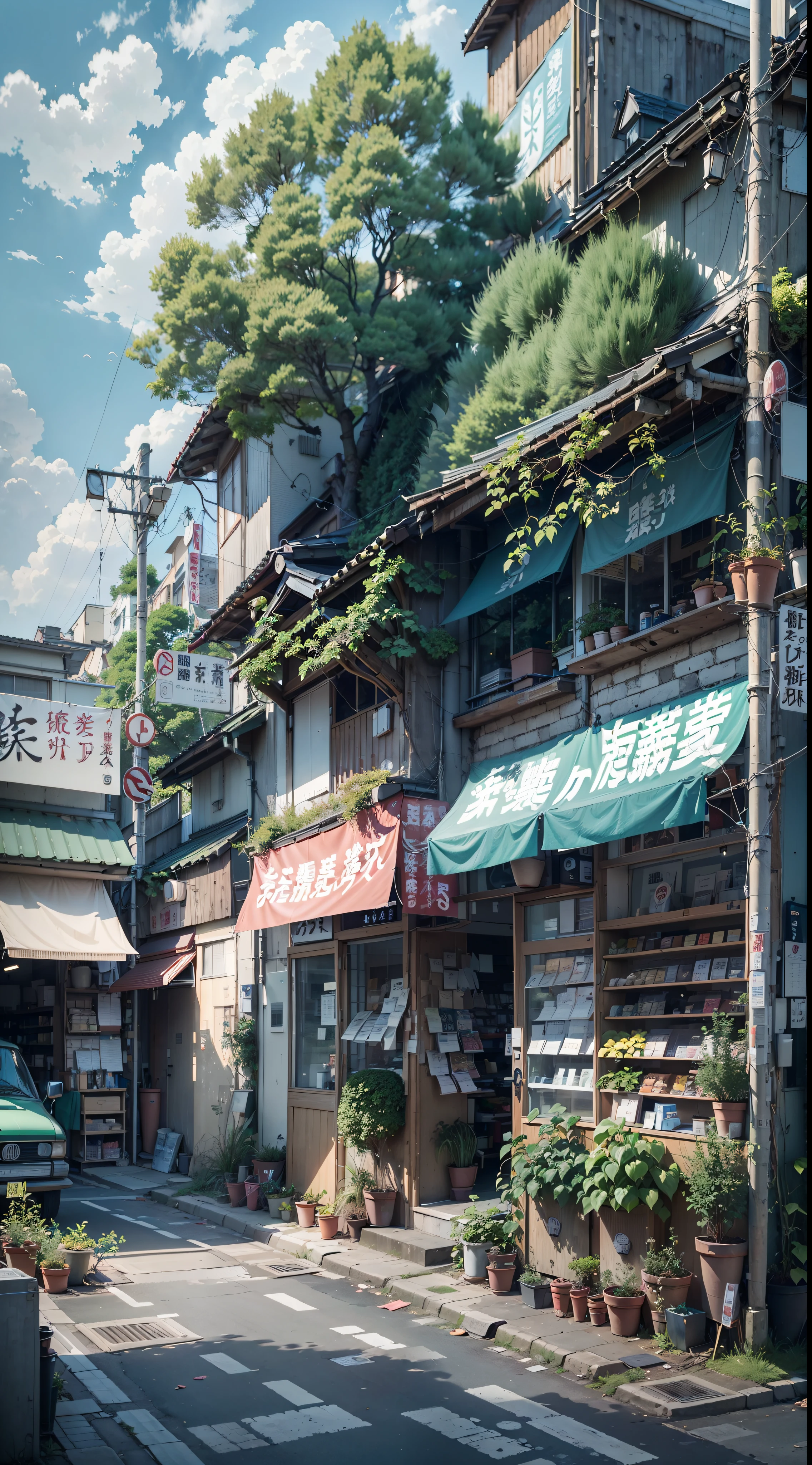 abandoned, slightly overgrown, empty, modern Japanese street. closed shops on either side of the street. trees. plants. plant pots. rocks. air ventilation systems. road works. big Japanese shop signs. retro Japanese shop signs. anime style, anime, lofi style, lofi. gloomy weather, sun emerging from clouds. (no one: 1), no people. best quality