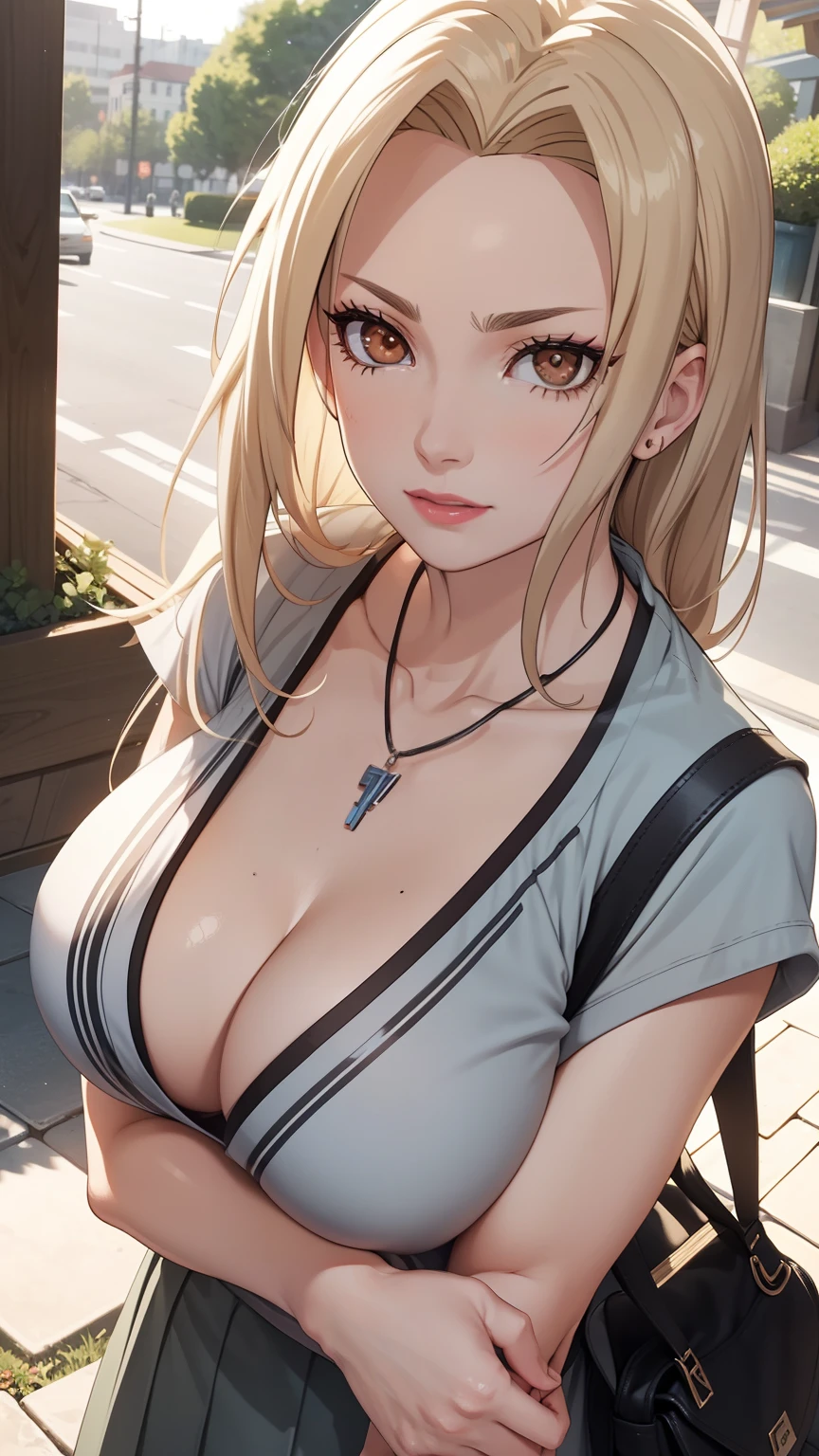 Good anatomy, Masterpiece, Best quality, 4K, 8K, Professional photography, Soft light, Sharp focus, trpical garden, Road，1 girl,  eventide，Hands-on shopping bags，The breeze blows through，falling leaf，Blonde hair, The shirt, long  skirt，Flip-flops，Blonde hair, Bank spin-offs, Detailed face+Brown eyes, is playing happily，Slightly drunk，Be red in the face，Tsundere, Beauty mole，lipstick, necklace, huge tit，