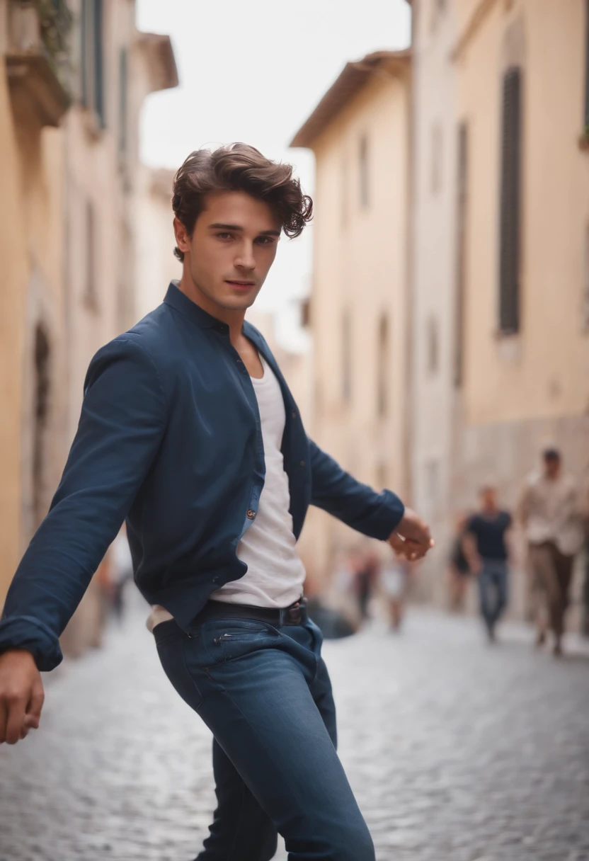 Attractive Italian boy dancing in the streets of Italy