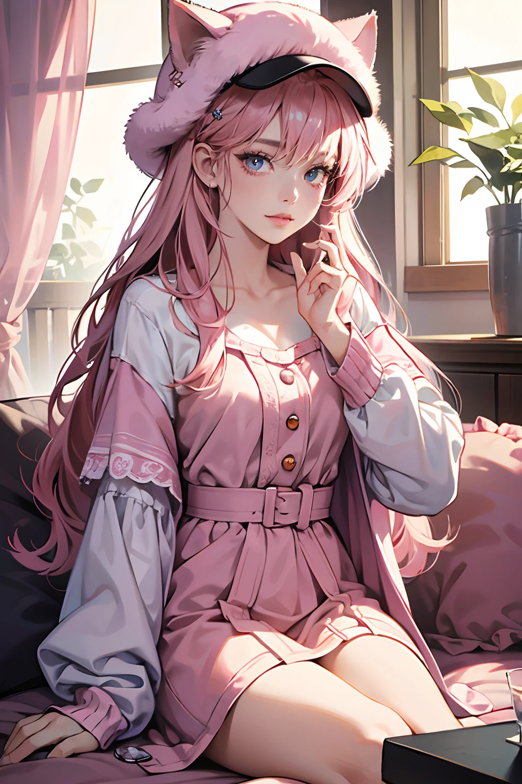 (tmasterpiece, high resolution,ultra - detailed:1.0),1 girl,Young and beautiful women,eye looking to camera,Perfect female body, , Extremely detailed CG,Unity 8k wallpaper，Complicated details, solo person, (Pink hair, cat hat, home clothes),modern living room,color difference, Depth of field,dramatic shadow, Ray tracing, Best quality, Cinematic lighting,offcial art,