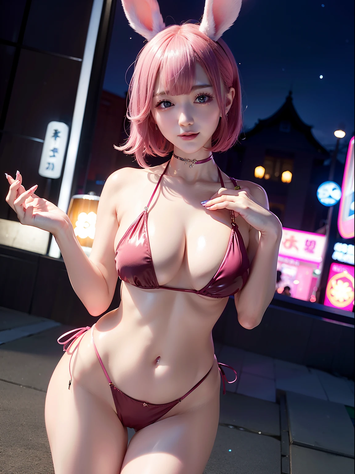The bikini、Night、Night town、Neon glowing town、Showa townscape、Under the streetlight、Red dress、Pink hair、nighttime scene、 of the breast、(p-quality, masterpiece:1.2), (realisitic, Photorealsitic:1.37), ultra-detailliert, 1 girl in, Whole body esbifa layer、cute little、独奏、Beautiful detailed night sky、(A smile:1.15)、(Mouth closed)、tiny chest、Eyes in Beautiful Details、(short-hair:1.2)、Floating Hair NovaFrogStyle、masuter piece、Pink Shortcut Bob、Realistic rabbit ears、Pink realistic rabbit ears、Realistic ears of rabbits sticking out of the head、Pink hair、Beautiful girl in her 20s、Bewitching atmosphere、Beautiful shaped hands、K-POP、Pink rabbit ears、1 girl in、独奏、masterpiece、top-quality、realisitic、Hyper-detailing、(Glossy skin:1.4)、absurderes、short pink hair、Slender beauties、动态照明、hight resolution、foco nítido、depth of fields、(thick thight:1.0)、A slender :1.2,((Short-cut air))、((k pop:1.3)),Highly detailed facial and skin texture、((魅惑的)),Anatomically correct number of fingers,Correct anatomy