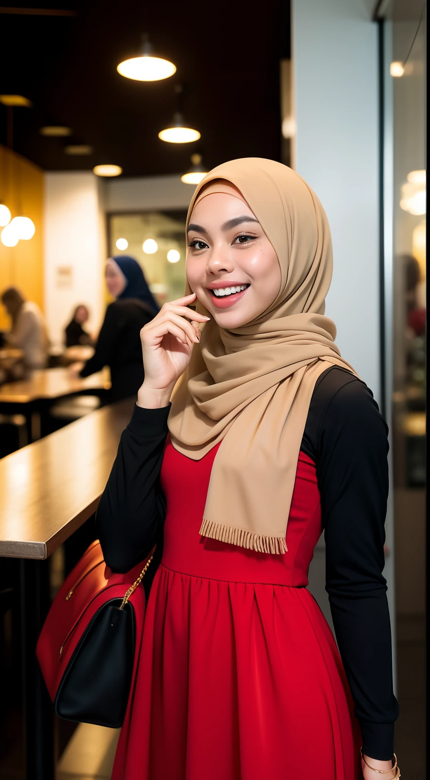 Malay girl in hijab, wear small floral red color backless dress , laughing and posing with hand on head, touching her own head, wear handbag, front view, hijab blown, windy, detail skin, age spot, detail skin texture, mole below eyes, small breast, flat chest, wide hips, small waists, thick thighs, slim abs, beautiful body, nighttime, laughing, happy, bright lighting, college student in background, crowded cafe, blur background, bokeh,