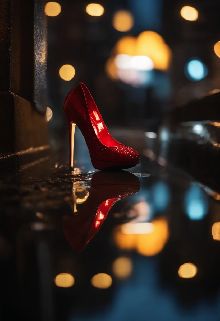 (high quality,photorealistic:1.37),ultra-detailed,a woman's high-heeled shoe with red soles and exquisite craftsmanship,close-up view,(rainy night scene:1.1),(shimmering water reflections:1.2),glowing city lights in the background,empty pack of cigarettes crumpled and scattered on the wet ground,drain cover with raindrops,(street reflection:1.1),dark and moody atmosphere,city silhouette in the distance,droplets sliding down the shoe's smooth surface,dramatic lighting emphasizing the shoe's glossy texture,(vivid colors:1.1),edgy and urban aesthetic