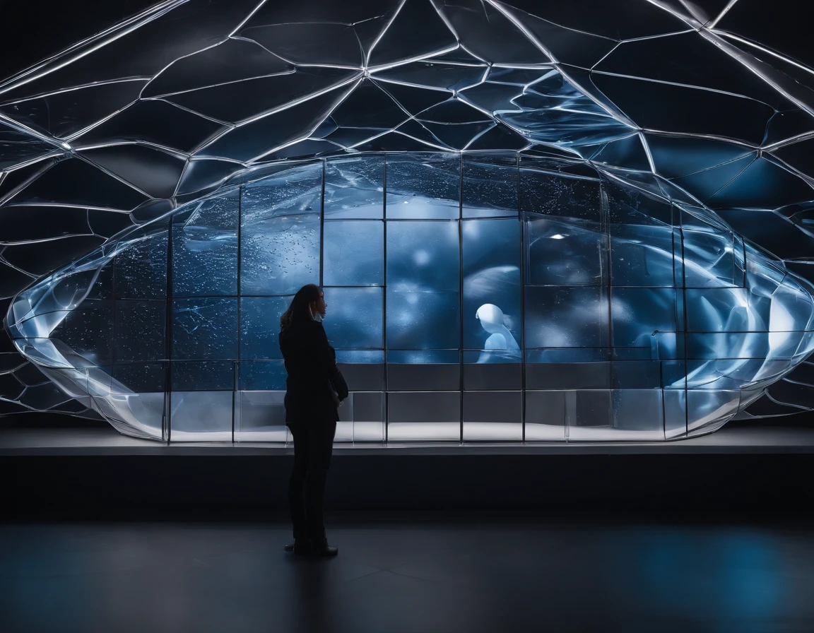 Digital Media Art Interactive Installation；Someone interacts with the installation；This digital media art interactive installation has a unique shape，Rendered as a streamlined surface structure，It mainly uses dark blue and silver colors，With transparent touch panel and illuminated edges，Presents a futuristic technological look