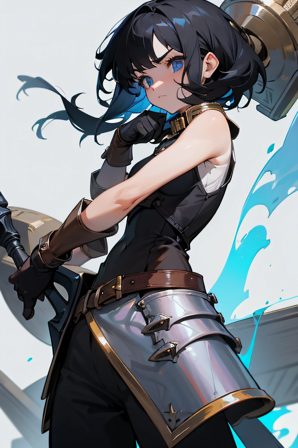 Fantasy, female, 1 halfling girl, fighter, black hair, sltyle hair: bob hair, eyes blue, white skin, (facial expressions: expressionless face), (body short height), (small breasts), top part a sleeveless black shirt with a high collar fitted to the body, clothes: long leather gloves, large pants with belts, armor silver parts on the side of their causes secured by belts, boots armor, color armor parts: silver, weapon long warhammer.