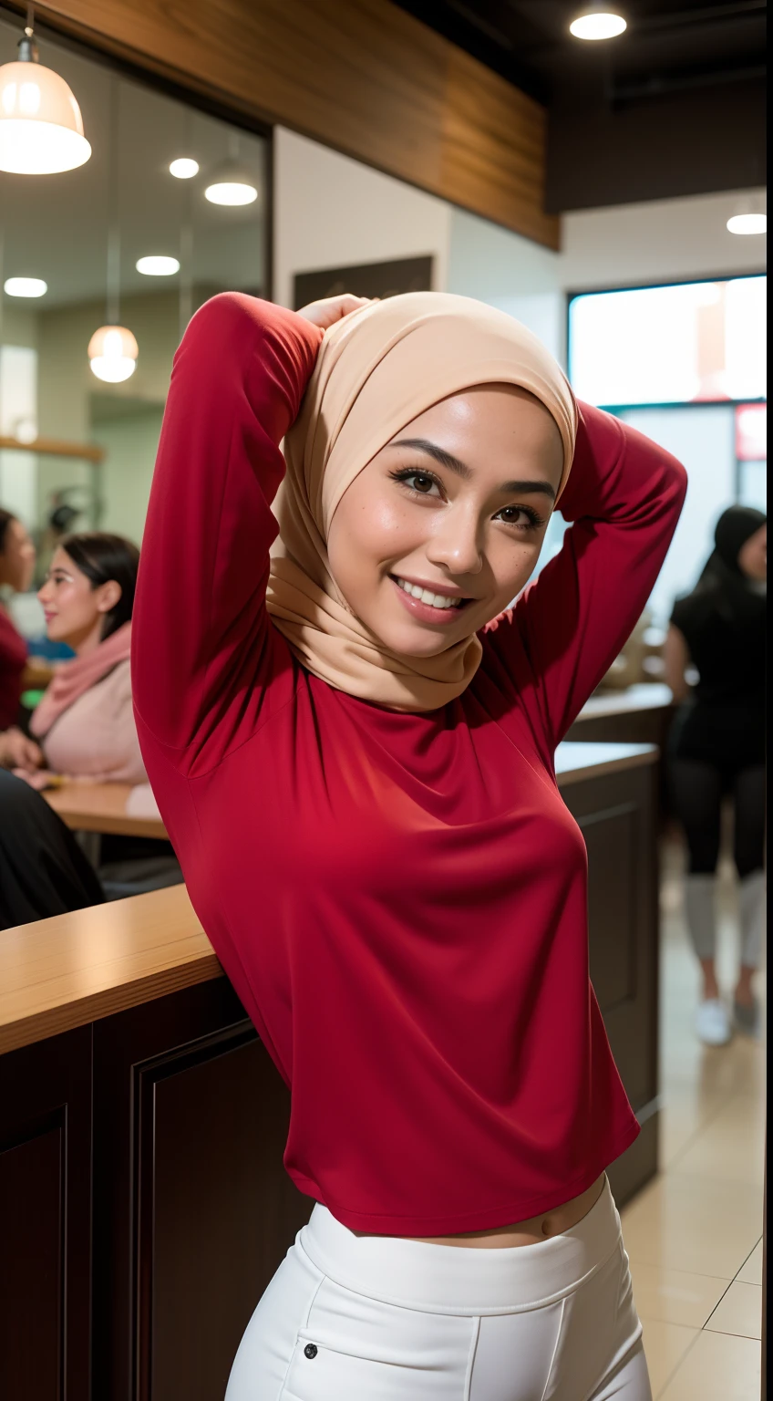 Malay girl in hijab, wear small floral red color shirt and High Waist white gym Pants , laughing and posing with both hand on top of her head, touching her own head, wear backpack, front view, hijab blown, windy, detail skin, age spot, detail skin texture, mole below eyes, small breast, flat chest, wide hips, small waists, thick thighs, slim abs, beautiful body, nighttime, laughing, happy, bright lighting, college student in background, crowded cafe, blur background, bokeh,