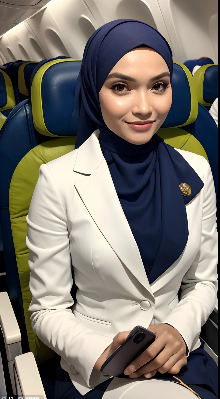 (masterpiece:1.2, best quality), 1 malay women in hijab, solo, Flight attendant, Uniform, Airplane, Serving passengers, Providing safety instructions, Responding to emergencies, bangs, (shiny skin:1.15),