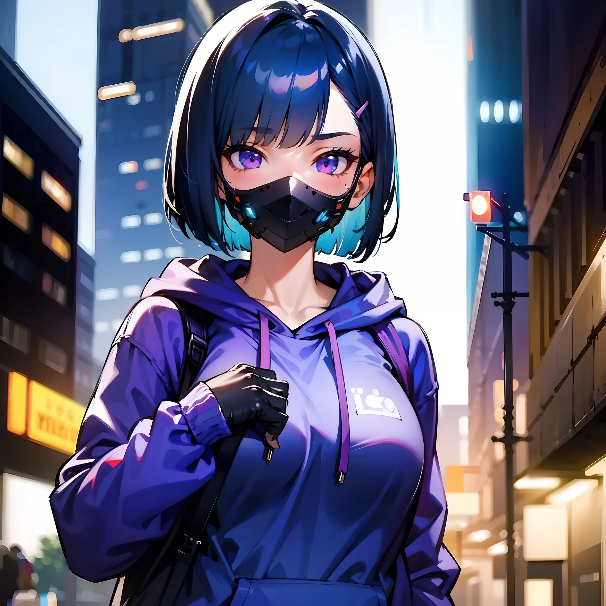 1girl, short blue hair, bob cut, purple eyes, face mask, medium breast, blue hoodie, black baggy pants, black gloves, cyberpunk, neon, solo, best quality, masterpiece, portrait, night city background, looking at the camera, from the front, 1result, vibrant, detailed, perfect anatomy, detailed art, high definition, 4k, high resolution, dynamic pose