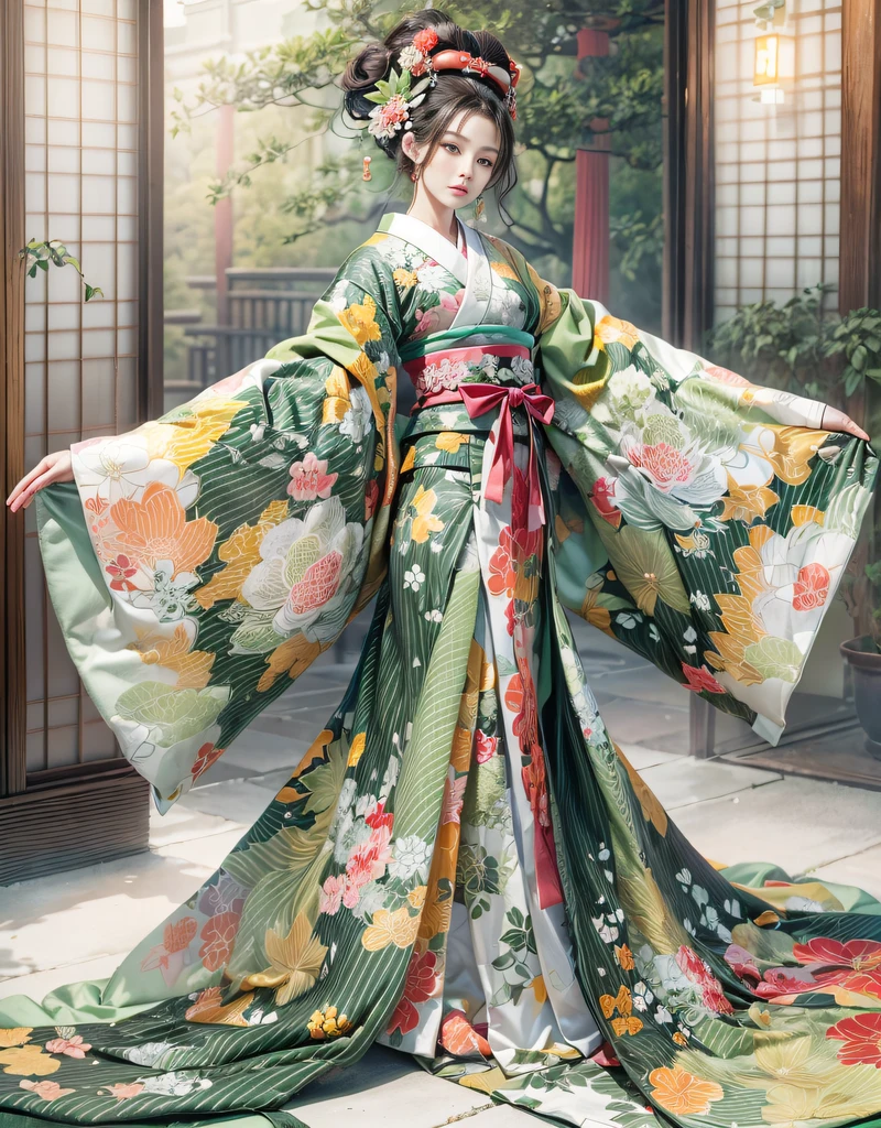 (beautiful model as courtesan in Japanese epic drama:1.3, Date Hyogo hairstyle:1.6, Oiran-style:1.4), (solo), ((face is 80% beauty and elegance, 20% pretty and cute):1.5), (Her roots are in Eastern Europe and Asia), clear eyes, (detailed eyes, light green eyes, bright pupils), Double Eyelids, (sexy lips with a little thickness:1.2), super detailed and incredibly high resolution Oiran-style Kimono, Highly Detailed Face Texture, striking body shape, curvy and very attractive woman, The colors of Oiran-style kimonos are very colorful, original, and gorgeous, high-resolution RAW color photo pro photo, BREAK (Wearing a colorful Oiran-style kimono with plenty of bright matcha green color), (The main color is gentle white, the bright matcha green stands out), (elaborately made classical Japanese colorful Oiran-style kimono), ((The pattern is a marble pattern of bright matcha green, dark matcha green, and white mixed together, like matcha ole)), (black Oiran-style obi that matches this Oiran-style kimono), ((bright matcha green and dark matcha Green and white marble pattern Oiran-style kimono)), (background is a Japanese parlor | Otyashitu) BREAK ((best quality, 8k)), sharp focus:1.2, (layer cut, big:1.2), (perfect portrait:1.4 ), (Beautiful shape and big breasts:1.3), Thin waist, (Correct hand shape:1.5), (Full body shot | Cowboy shot | Back view)