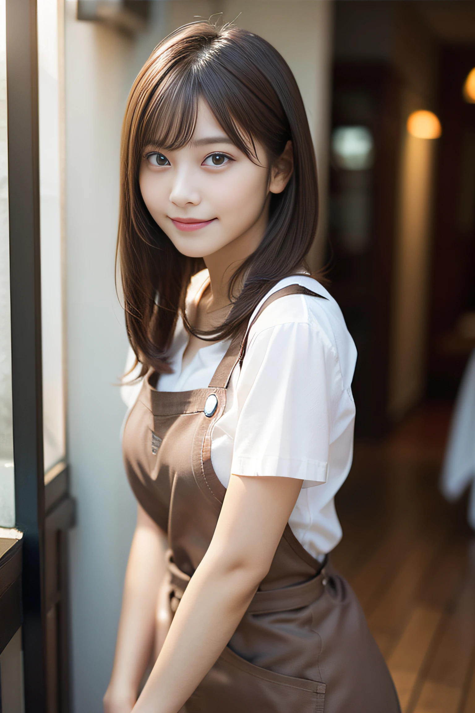 in 8K,Best Quality:1.4, 超A high resolution:1.5, (Photorealistic:1.4),masterpiece:1.2,(top-quality:1.4)、 Raw photo、 1a japanese girl、 Cute、middlebreasts:1.5、 (Solo:1.8)、kitchin、 (Shy smile:1.3), Smooth skin、30-years old:1.5、Beautiful black eyes、natural skin textures:1.3, realistic eyes and face details:1.8、 (Brown medium hair,Bangs), (touch hair:1.4)、nogizaka、Cute colorful apron、Cafe Clerk、Supple fingertips、Beautiful black eyes、natural skin textures:1.3, realistic eyes and face details:1.7、gazing at viewer、FULL BODYSHOT:1.8、beauty legs、gravure、attractive girl、thighs thighs thighs thighs、is standing