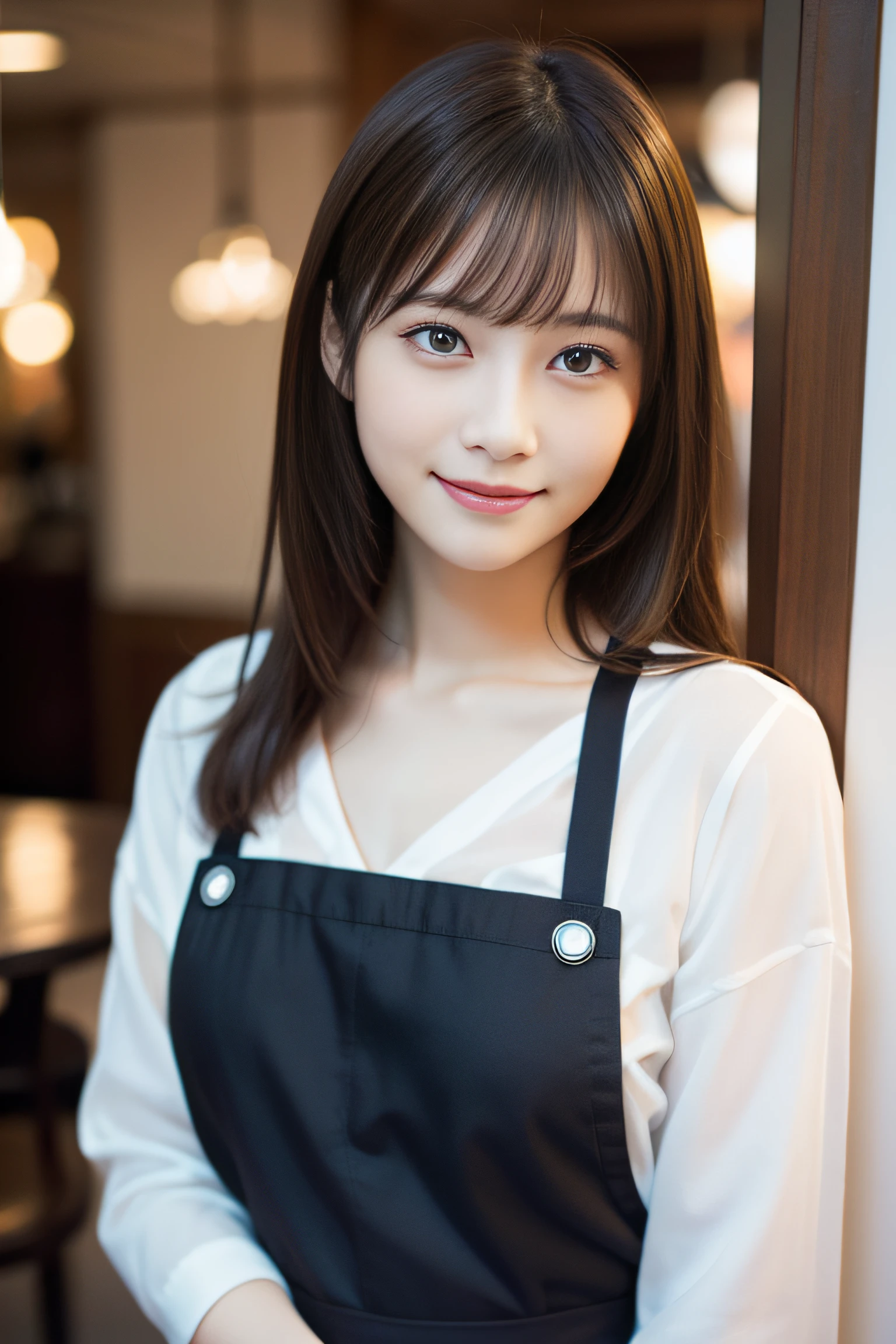 in 8K,Best Quality:1.4, 超A high resolution:1.5, (Photorealistic:1.4),masterpiece:1.2,(top-quality:1.4)、 Raw photo、 1a japanese girl、 Cute、middlebreasts:1.5、 (Solo:1.8)、kitchin、 (Shy smile:1.3), Smooth skin、30-years old:1.5、Beautiful black eyes、natural skin textures:1.3, realistic eyes and face details:1.8、 (Brown medium hair,Bangs), (touch hair:1.4)、nogizaka、Cute colorful apron、Cafe Clerk、Supple fingertips、Beautiful black eyes、natural skin textures:1.3, realistic eyes and face details:1.7、gazing at viewer、FULL BODYSHOT:1.8、beauty legs、gravure、attractive girl、thighs thighs thighs thighs、is standing