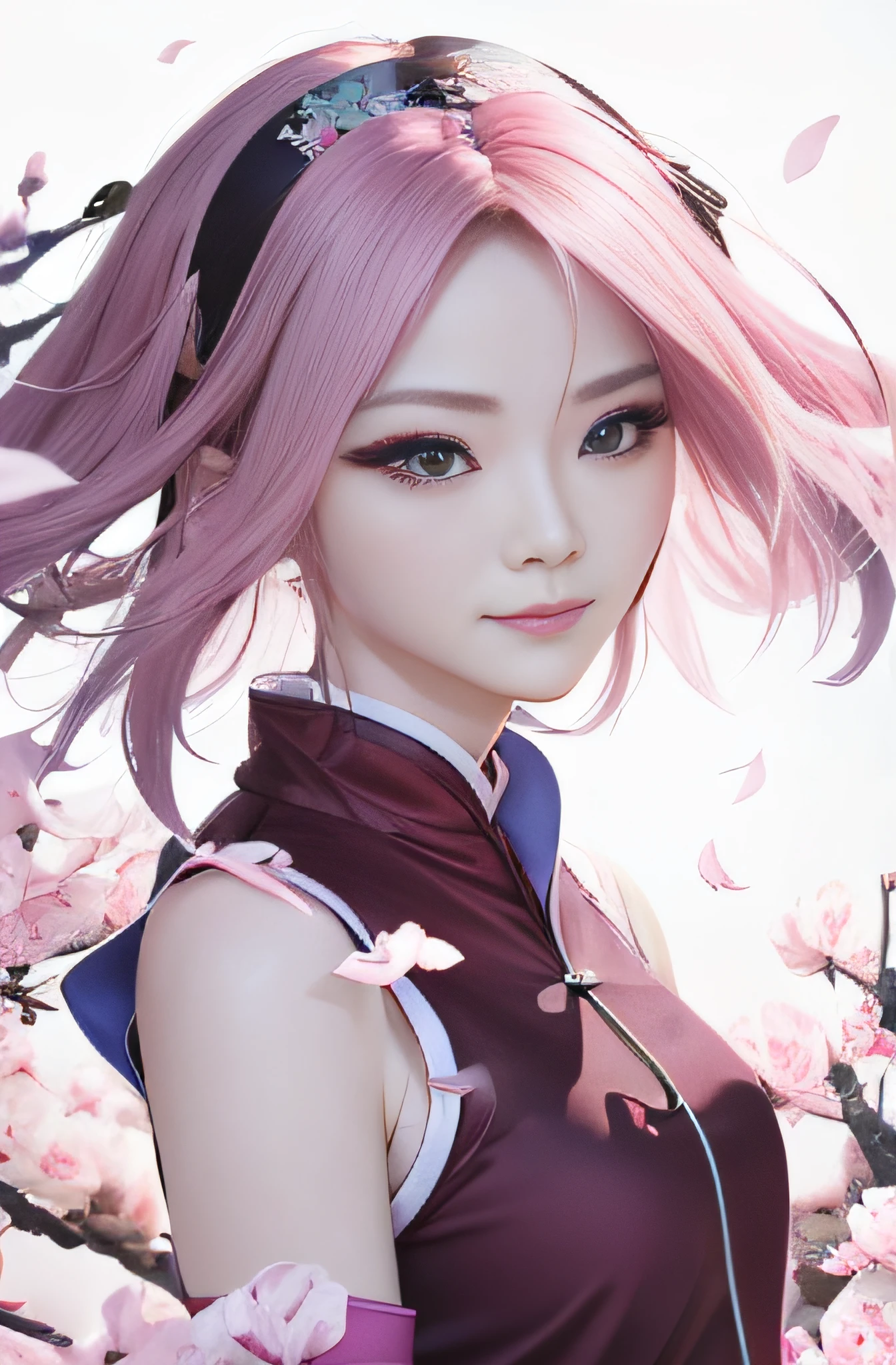 a prime aged woman model, pink hair, red qipao, beautiful, real human eyes, realistic, ultra detailed, 70mm lens