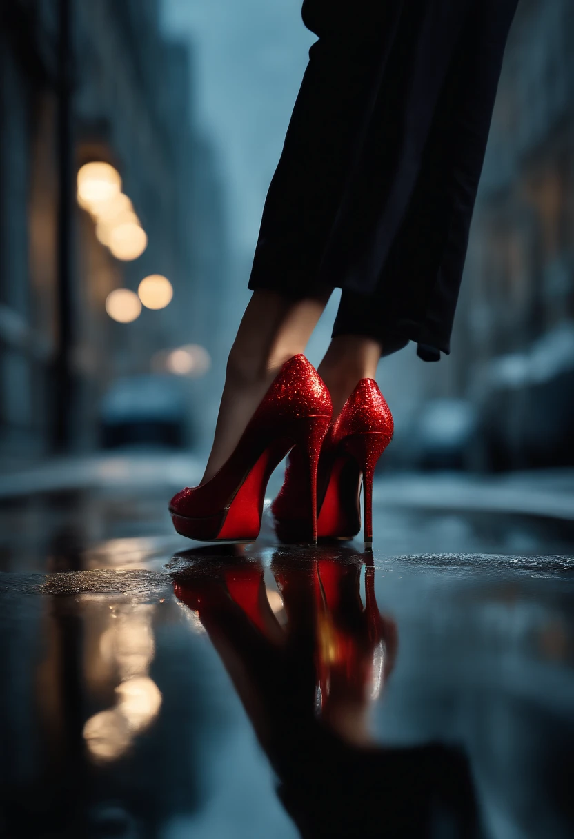 (high quality,photorealistic:1.37),ultra-detailed,a woman's high-heeled shoe with red soles and exquisite craftsmanship,close-up view, crashing an empty pack of cigarettes, (rainy night scene:1.1),(shimmering water reflections:1.2),glowing city lights in the background,empty pack of cigarettes crumpled and scattered on the wet ground,drain cover with raindrops,(street reflection:1.1),dark and moody atmosphere,city silhouette in the distance,droplets sliding down the shoe's smooth surface,dramatic lighting emphasizing the shoe's glossy texture,(vivid colors:1.1),edgy and urban aesthetic