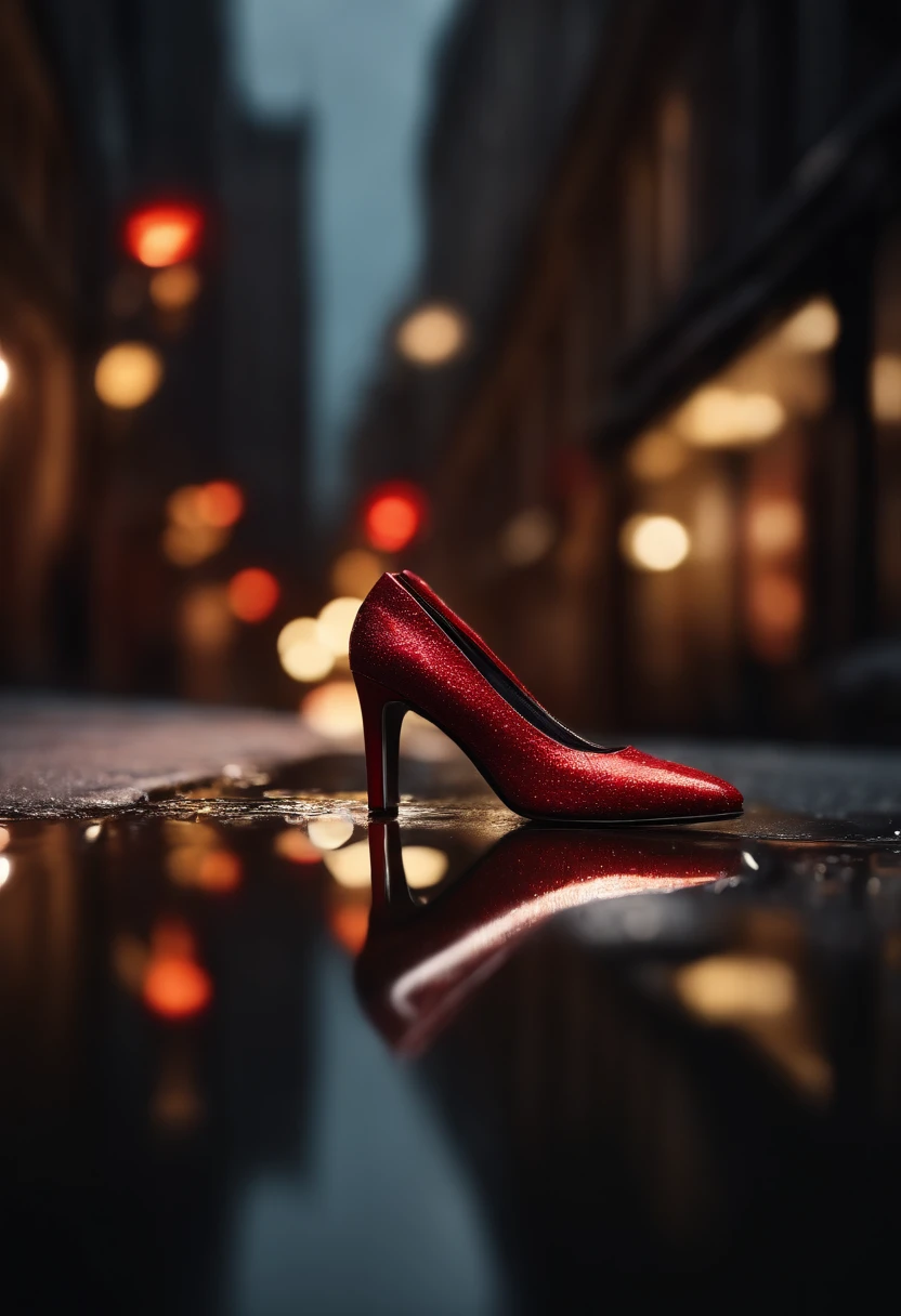 (high quality,photorealistic:1.37),ultra-detailed,a woman's high-heeled shoe with red soles and exquisite craftsmanship,close-up view, crashing an empty pack of cigarettes, (rainy night scene:1.1),(shimmering water reflections:1.2),glowing city lights in the background,empty pack of cigarettes crumpled and scattered on the wet ground,drain cover with raindrops,(street reflection:1.1),dark and moody atmosphere,city silhouette in the distance,droplets sliding down the shoe's smooth surface,dramatic lighting emphasizing the shoe's glossy texture,(vivid colors:1.1),edgy and urban aesthetic