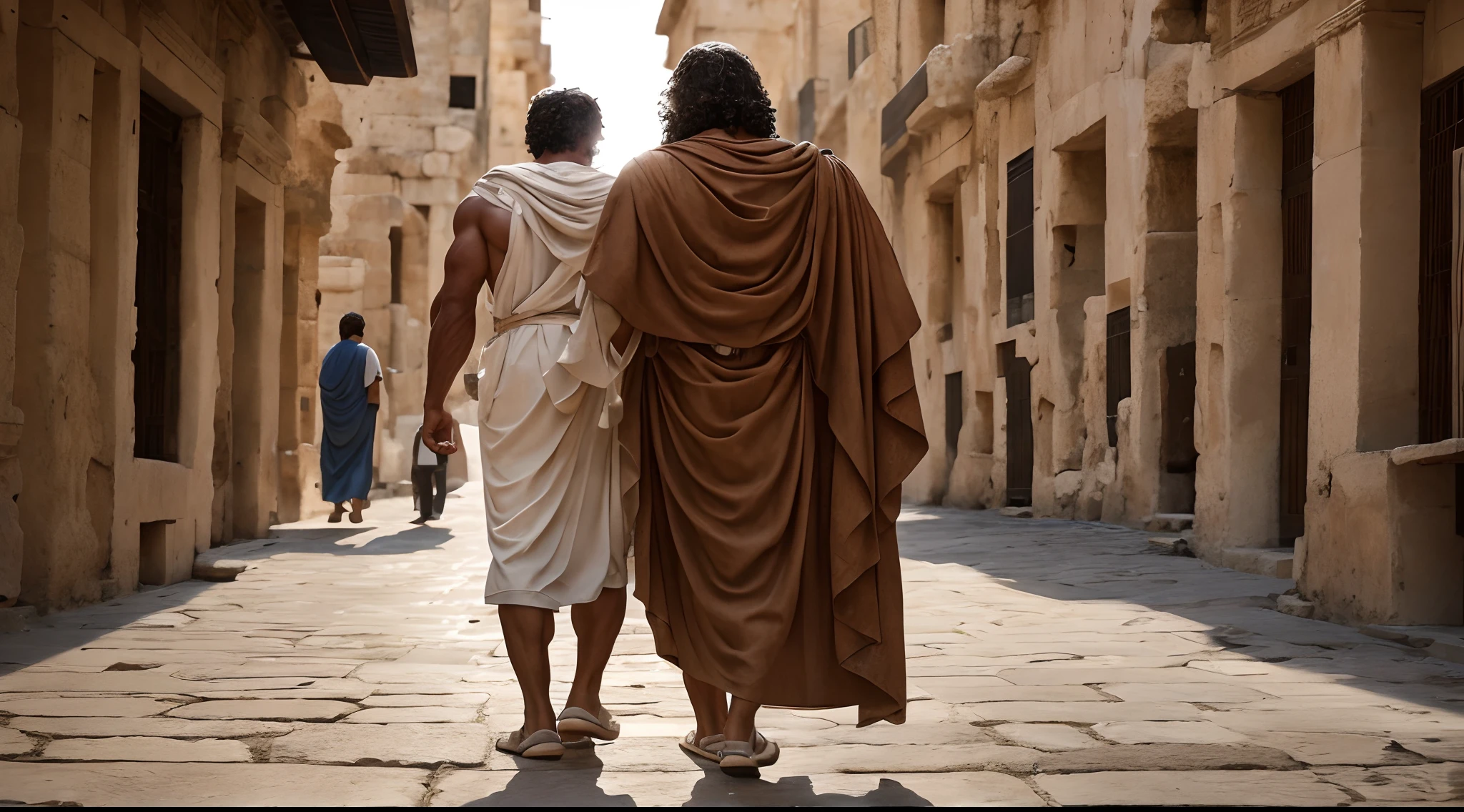 Two men walking, man with ancient robe Ancient Greece before Christ looking like a Greek statue with a muscular body ancient streets, image portrait of Back image moving away from the que Nikon camera, ultra realistic, ultra detailed, image with traces of rust, men from Costa for Nikon camera.