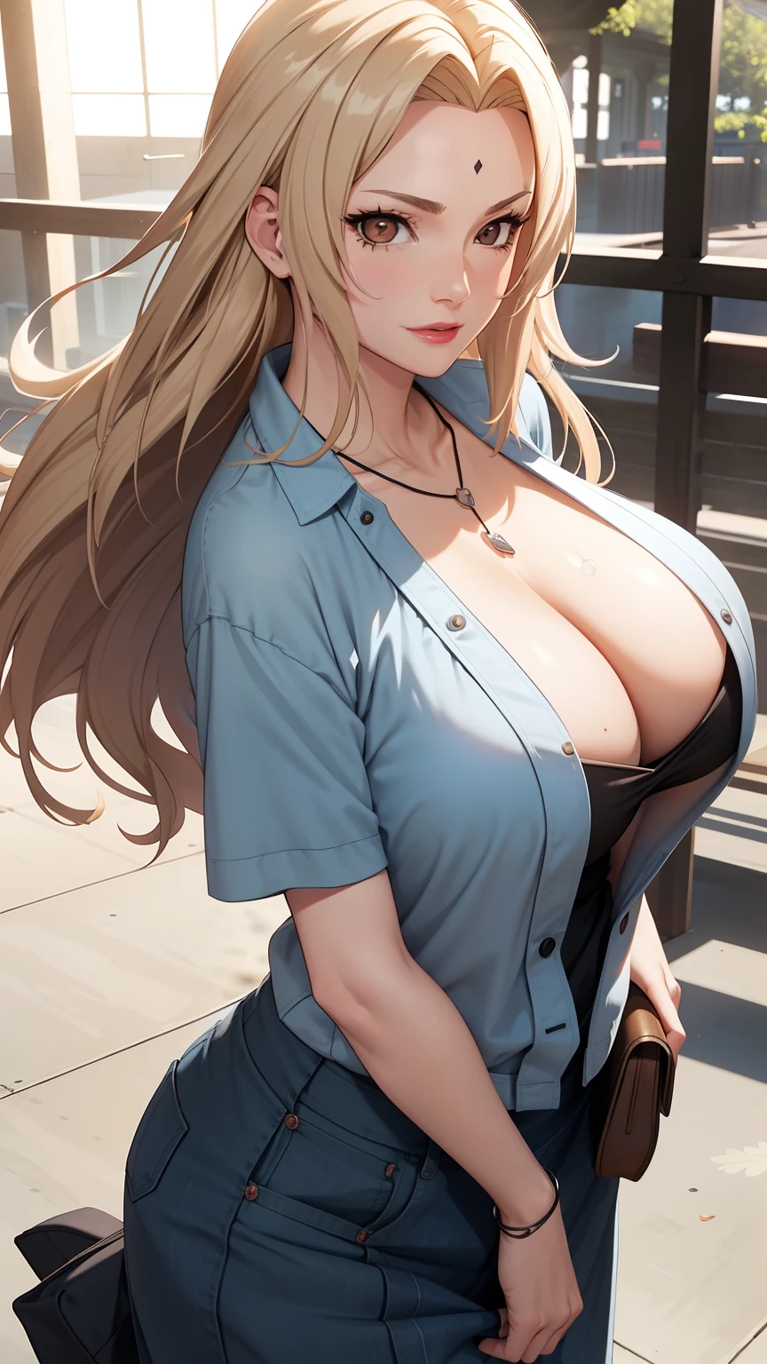 Good anatomy, Masterpiece, Best quality, 4K, 8K, Professional photography, Soft light, Sharp focus, playground,1 girl, eventide,Hands-on shopping bags,The breeze blows through,falling leaf,Blonde hair, The shirt, long skirt,Flip-flops,Blonde hair, Bank spin-offs, Detailed face+Brown eyes, is playing happily,Slightly drunk,Be red in the face,Tsundere, Beauty mole,lipstick, necklace, huge tit,