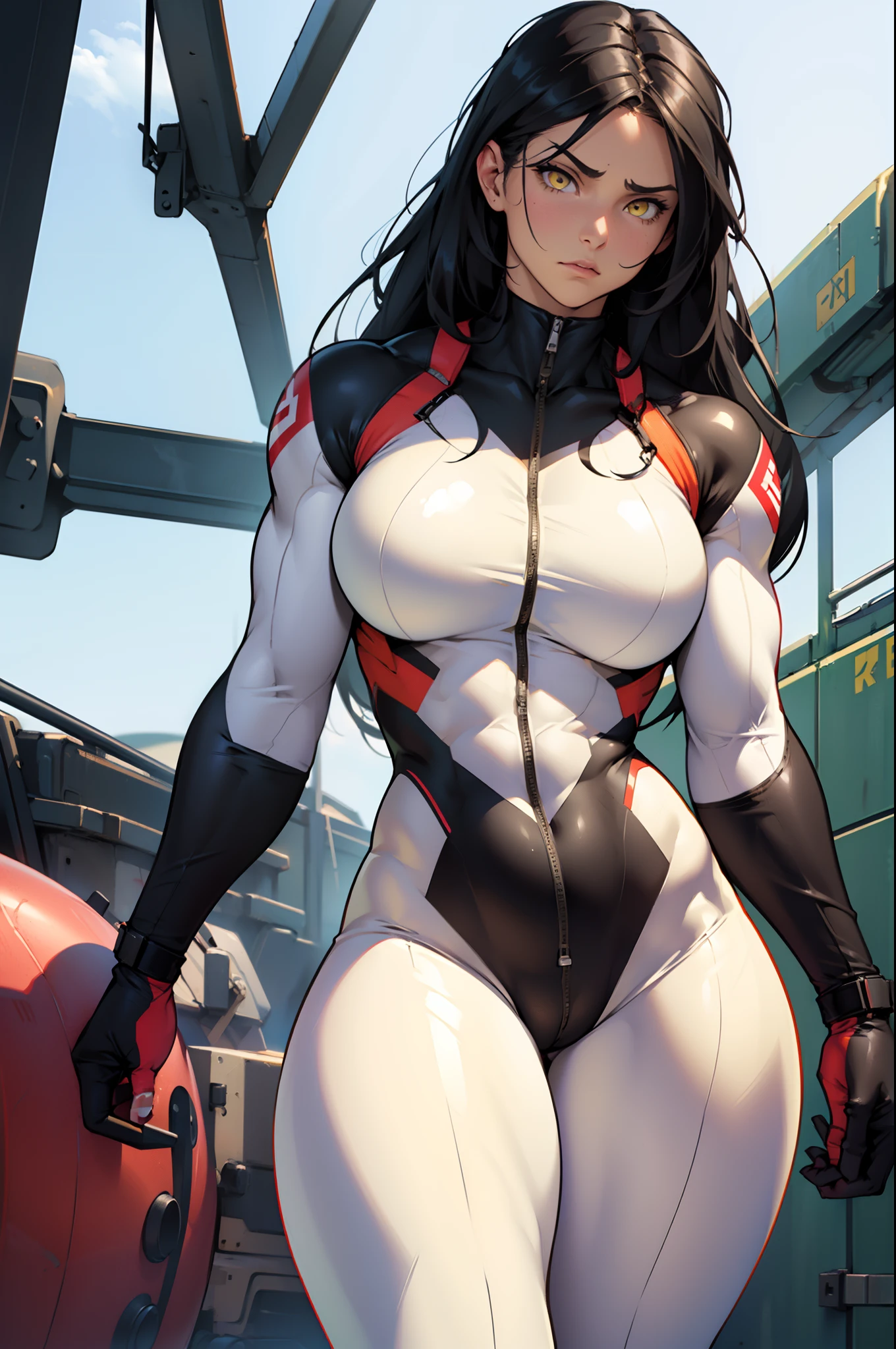 (((muscular 1 girl))) (thick thighs perky breasts wide hips curvy toned body pilot suit bodysuit pale skin) angry yellow eyes black hair long hair