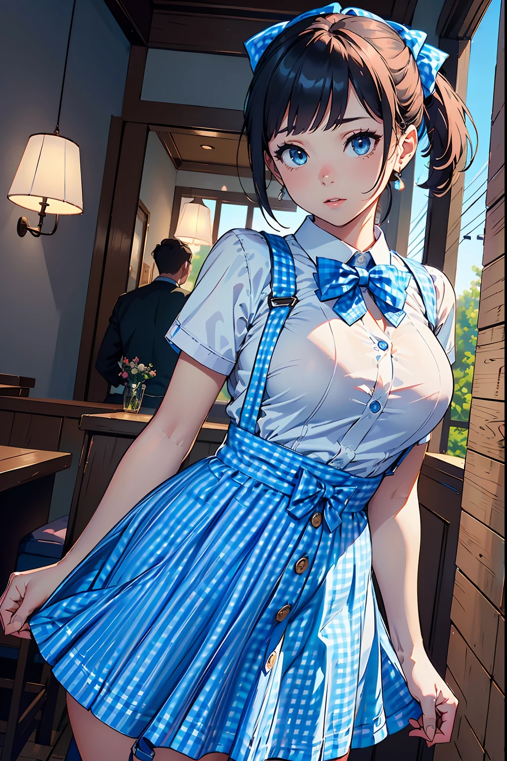 femele,1 persons,
(​master piece:1.4),(hyper quality:1.2),(Hyper Detailed:1.4),(Perfect drawing),NFSW,。.3D,16 K,((clearface)),(Hi-Res),Kobeya Kos
(waitress:1.2), (light-blue gingham-check suspender-skirt:1.4), (long skirt:1.2), (white blouse:1.3), ((double-breasted. underbust):1.2), (solid-blue bow-tie:1.3), (short sleeves, button gap),,round and big buttocks,Butt sticking out pose,focus on the ass,shapely butt,nice background,mansion,palatial palace,borgar,((beatiful backgrounds)),(((Detailed drawing))),Perfect Beautiful Girl,Perfect Photo