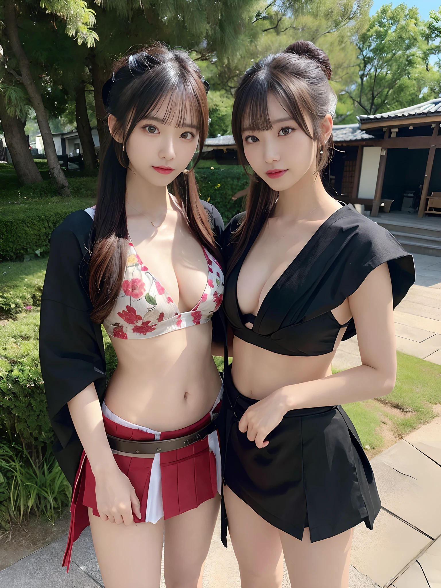 1Male Female Samurai((top-quality、8K、masterpiece:1.3))、full body Esbian、focus clear:1.2、Excellent style:1.4、masuter piece、(Realisticity: 1.2)、(Photorealsitic:1.3)、
realisitic、realisticlying、Raw foto、hyperdetailed face(Long ponytail)、hyper detailed background(loimu)、Ultra-detailed costumes(a miniskirt、Samurai-style clothing)、hyperdetailed body、super-detaild skin 、Knives 、Valley 、breastsout 、Transparent