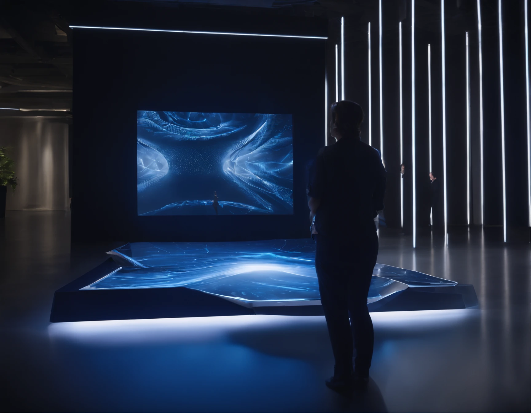 Digital Media Art Interactive Installation;Someone interacts with the installation;This digital media art interactive installation has a unique shape,Rendered as a streamlined surface structure,It mainly uses dark blue and silver colors,With transparent touch panel and illuminated edges,Presents a futuristic technological look