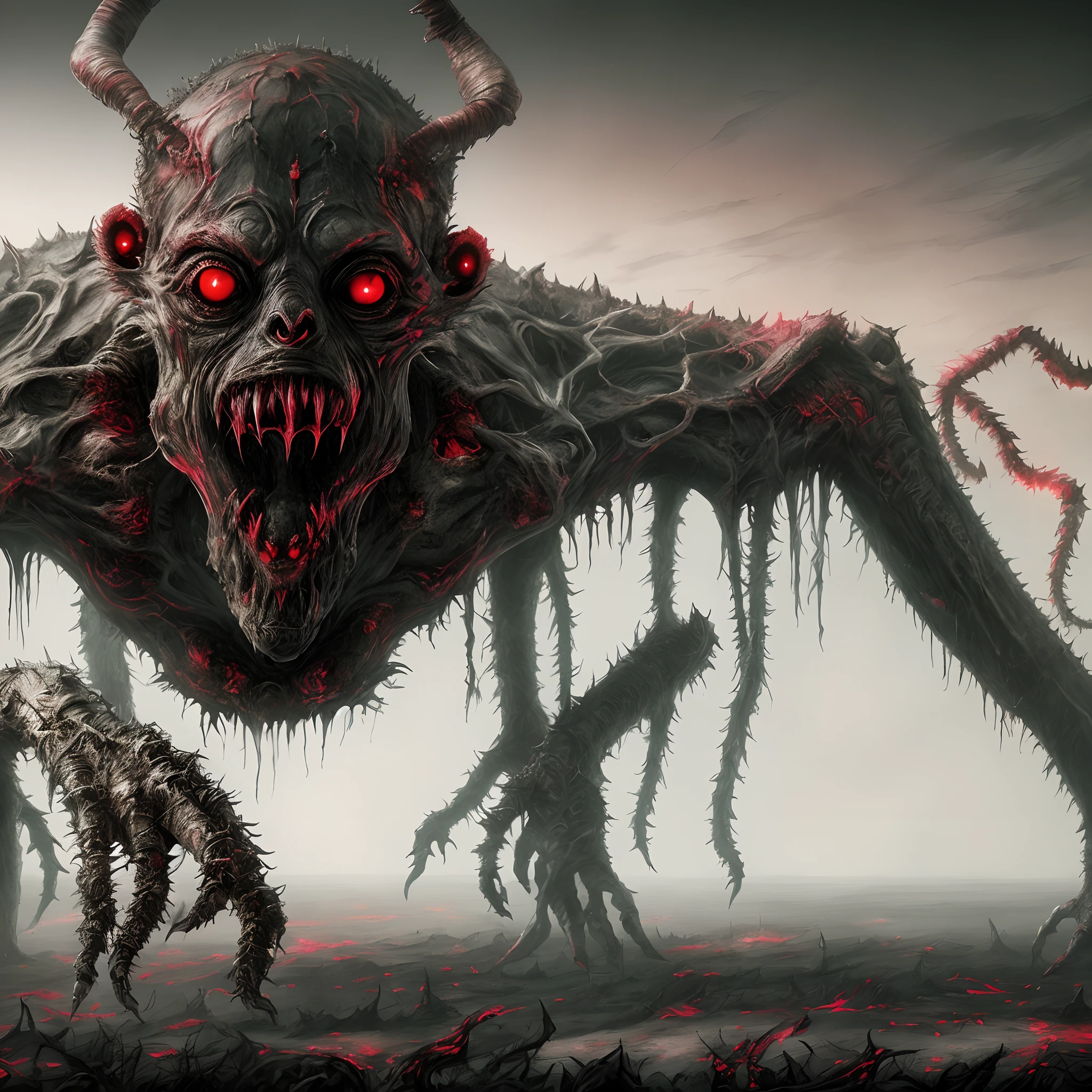 Close-up of a demonic creature with red eyes and large horns, Nanotech Demonic monster Horror, demonic creature, Gruselige Kreatur, Gruselige Kreaturen, Demonic monster, Sci-Fi-Horror-Artwork, Horror Fantasy Kunst, Detailliertes 4K-Horror-Artwork, Gruselige Kreaturen im Hintergrund, Hyperrealistisches Fantasy-Monster, Fantasy Horror Kunst, An ominous fantasy illustration, gruselige Mutantenfleischkreatur, Furchteinflößendes Monster