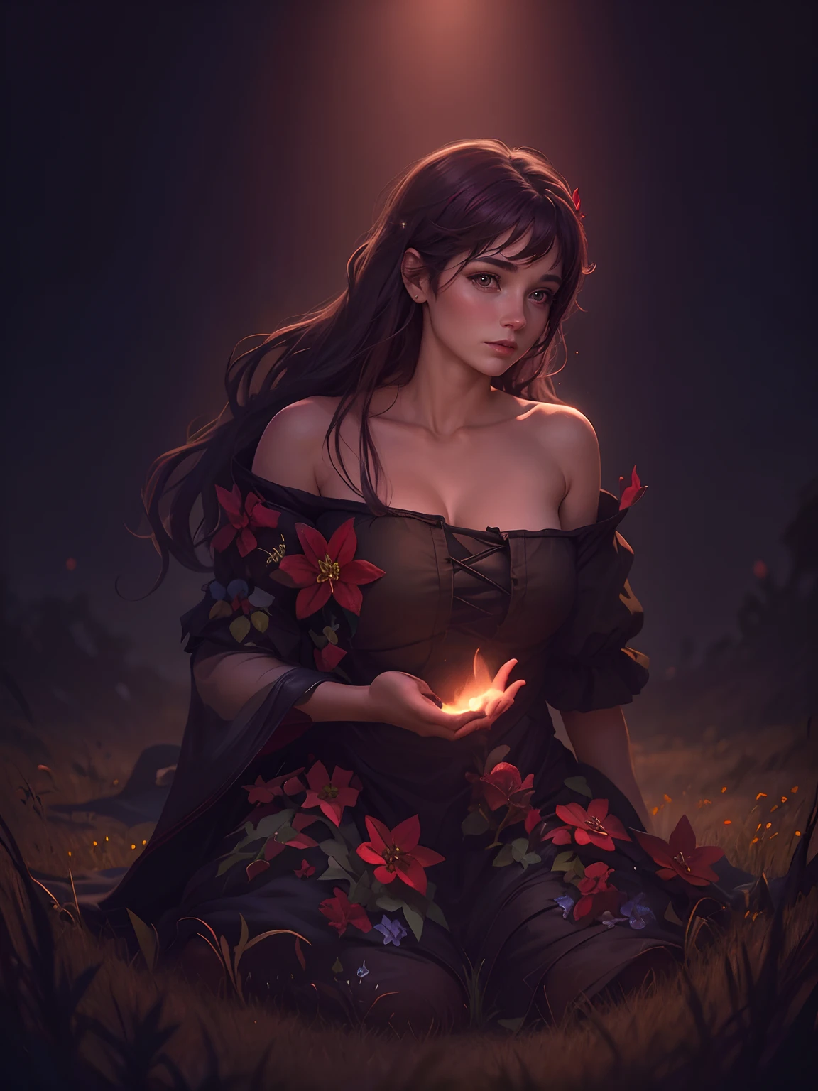 Porter de filme de fantasia,,mulher de cabelo vermelho, campo , it is night time, estrelas, vagalumes, cabelo cacheado, borboletas e flores, sintilar