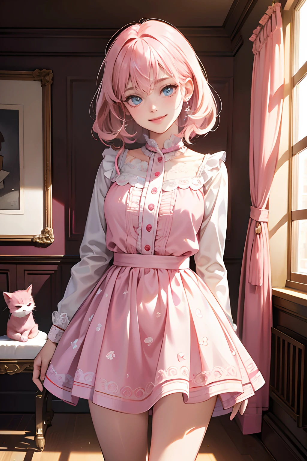(tmasterpiece, high resolution,ultra - detailed:1.0),1 girl,Young and beautiful women,eye looking to camera,Perfect female body, , Extremely detailed CG,Unity 8k wallpaper,Complicated details, solo person, (Pink hair, cat pattern home clothes,smile),modern living room,color difference, Depth of field,dramatic shadow, Ray tracing, Best quality, Cinematic lighting,offcial art,