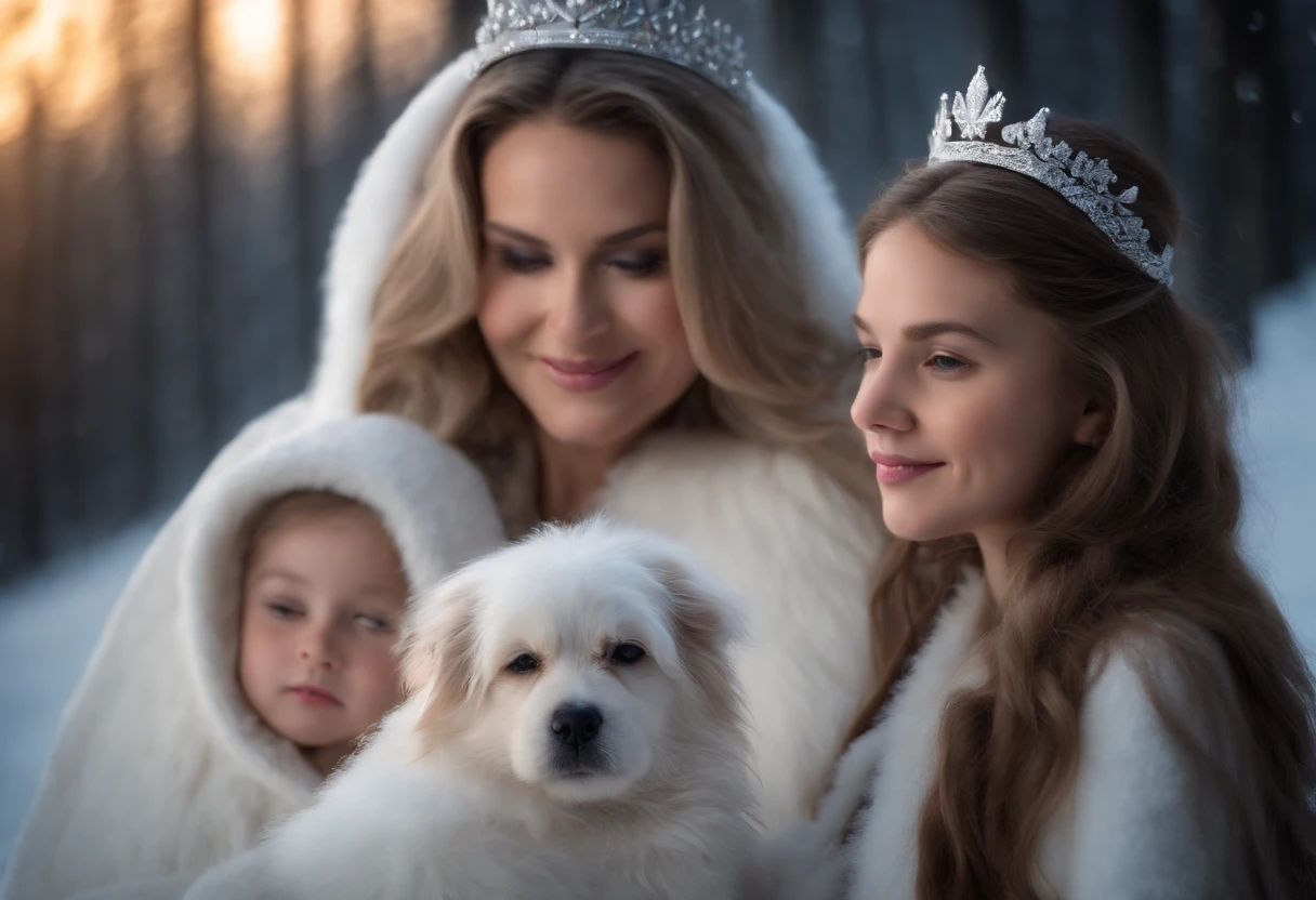 Mother and daughters dressed in white angel robes, silver crown, Winter Fairy, wintery, nighttime, Ojo, dog, 8K, intriciate detail, HDR, Beautifully shot, realisitic, Sharp focus, 64 megapixels, perfect composition, High contrast, films, 8K