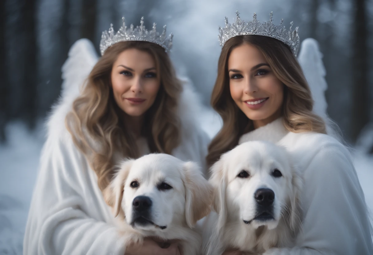 Mother and daughters dressed in white angel robes, silver crown, Winter Fairy, wintery, nighttime, Ojo, dog, 8K, intriciate detail, HDR, Beautifully shot, realisitic, Sharp focus, 64 megapixels, perfect composition, High contrast, films, 8K